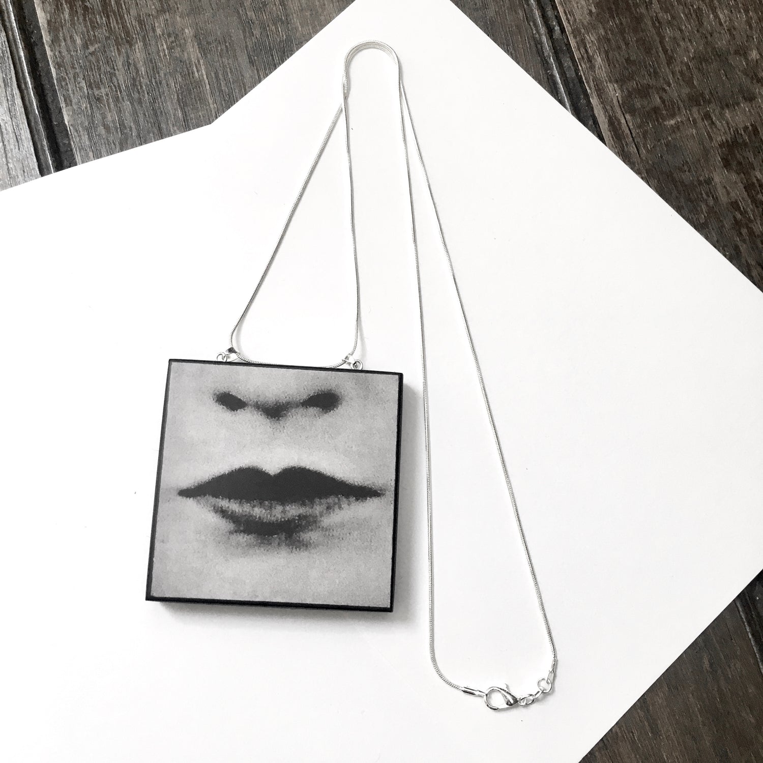 Pop art jewellery, lips black and white photo necklace. Handmade from sustainable wood  jewellery by Obljewellery