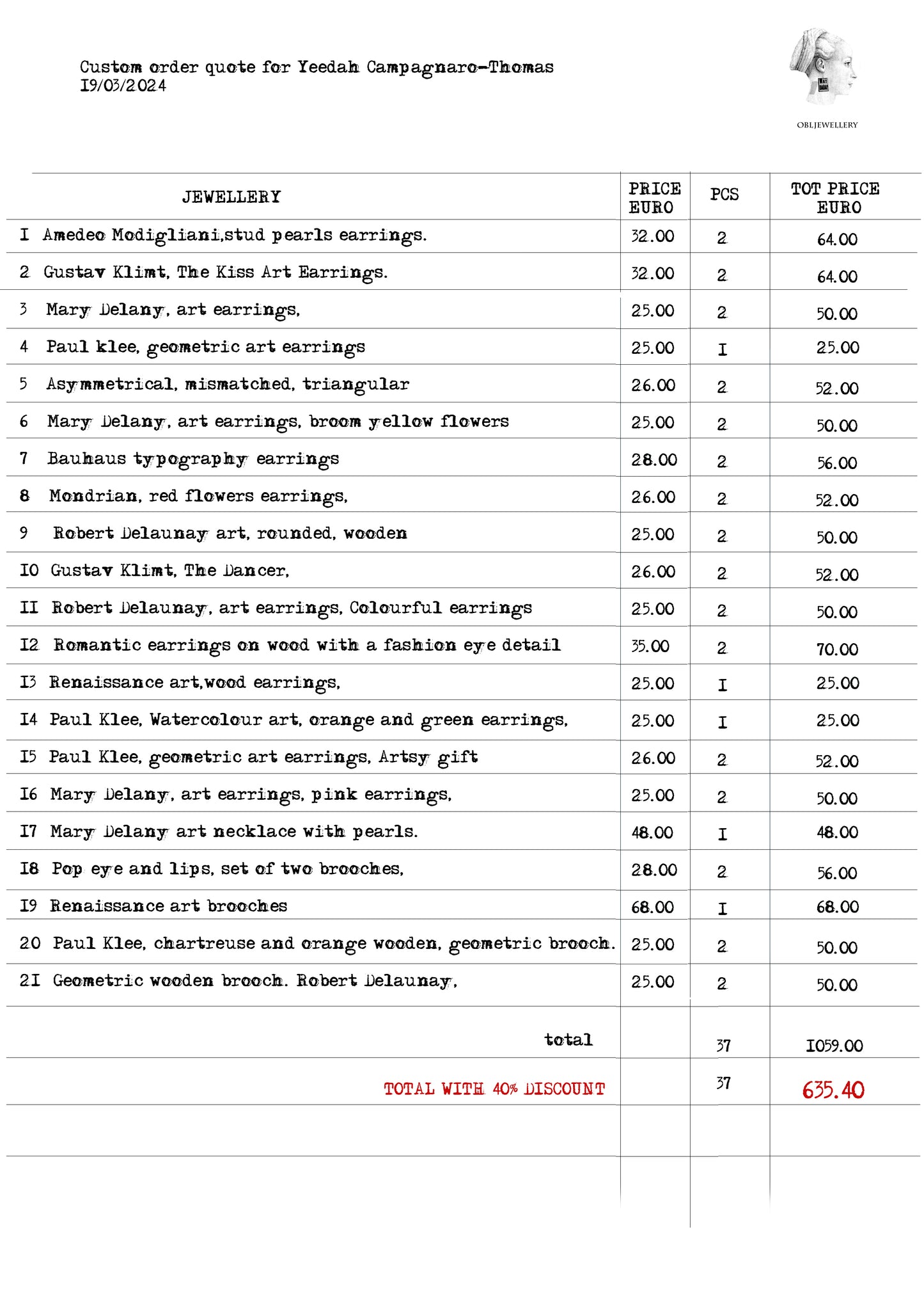 Custom order of a stock of 37 pieces of jewellery