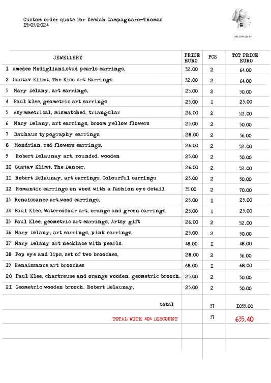 Custom order of a stock of 37 pieces of jewellery
