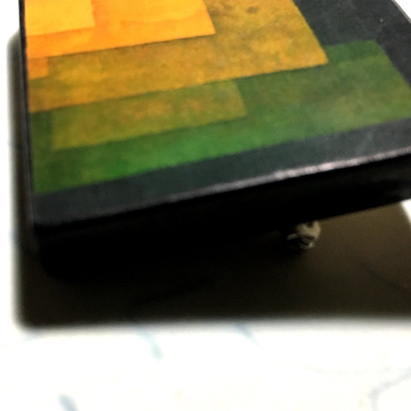 Paul Klee, chartreuse and orange wooden, geometric brooch. Alternative man gift.