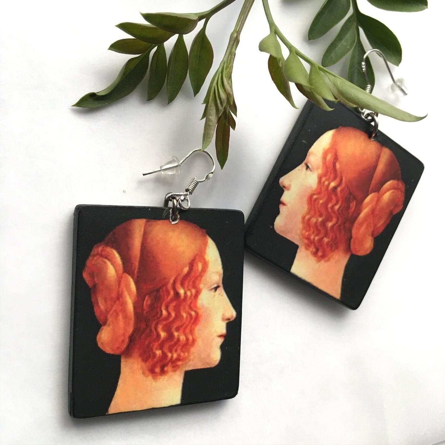 Wood art earrings. Italian Renaissance oil painting by Ghirlandaio.