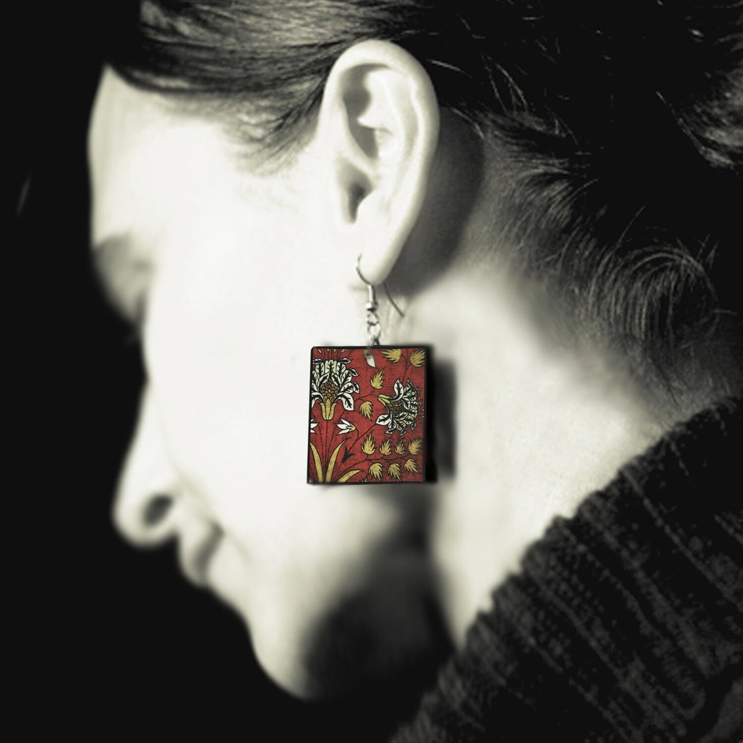Wooden, geometric flower, art earrings. Gift for mom.