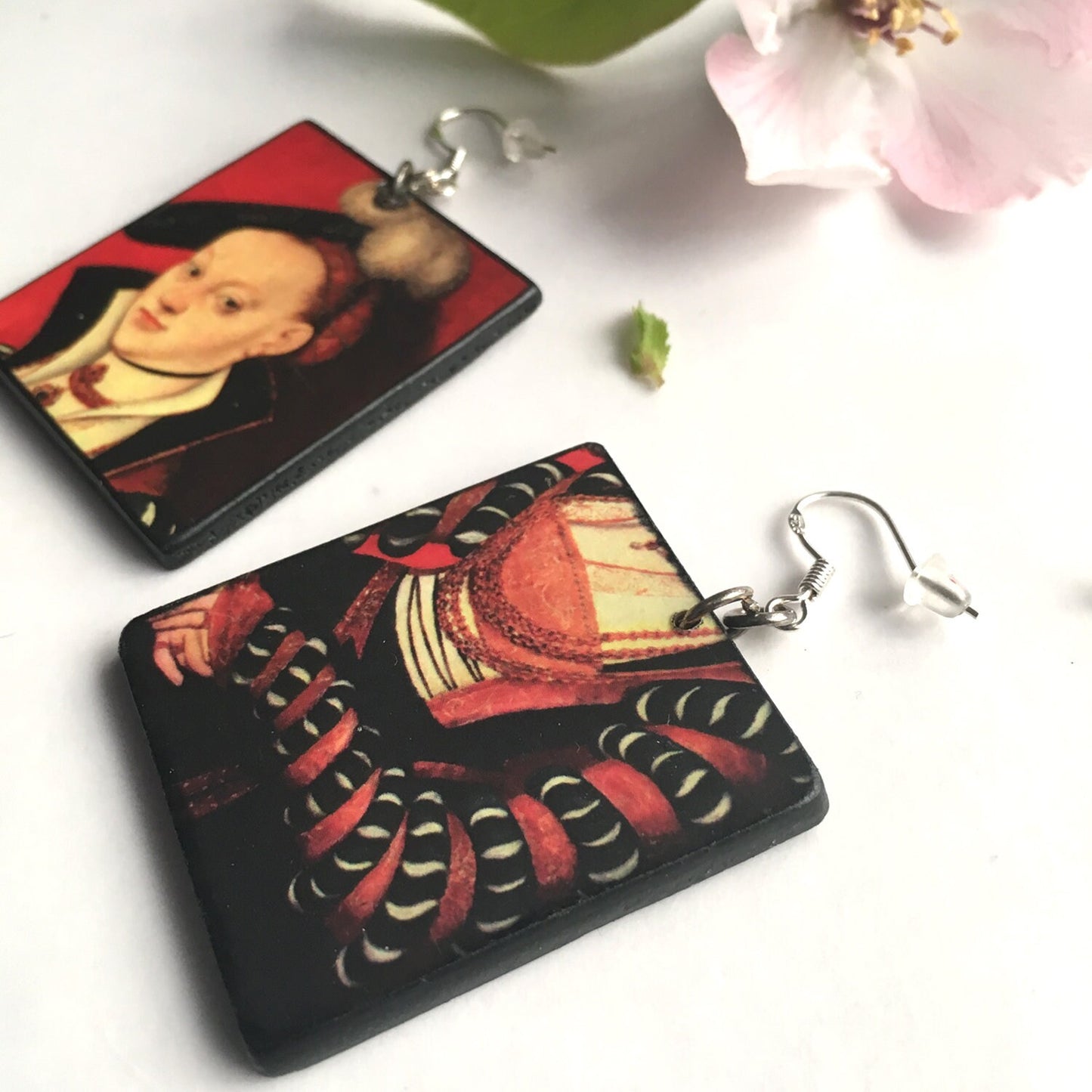 red coloured art rearrings inspired by Lucas Cranach Renaissance artist. Obljewellery Artsy gifts
