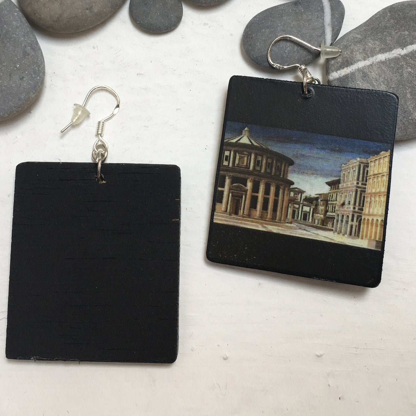 Mismatched art Earrings. Architecture jewellery gift. Wooden unusual earrings.