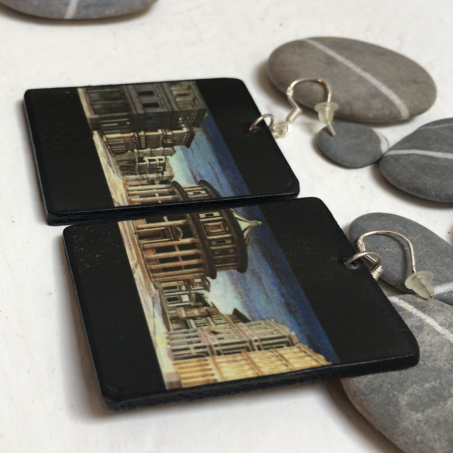 Mismatched art Earrings. Architecture jewellery gift. Wooden unusual earrings.
