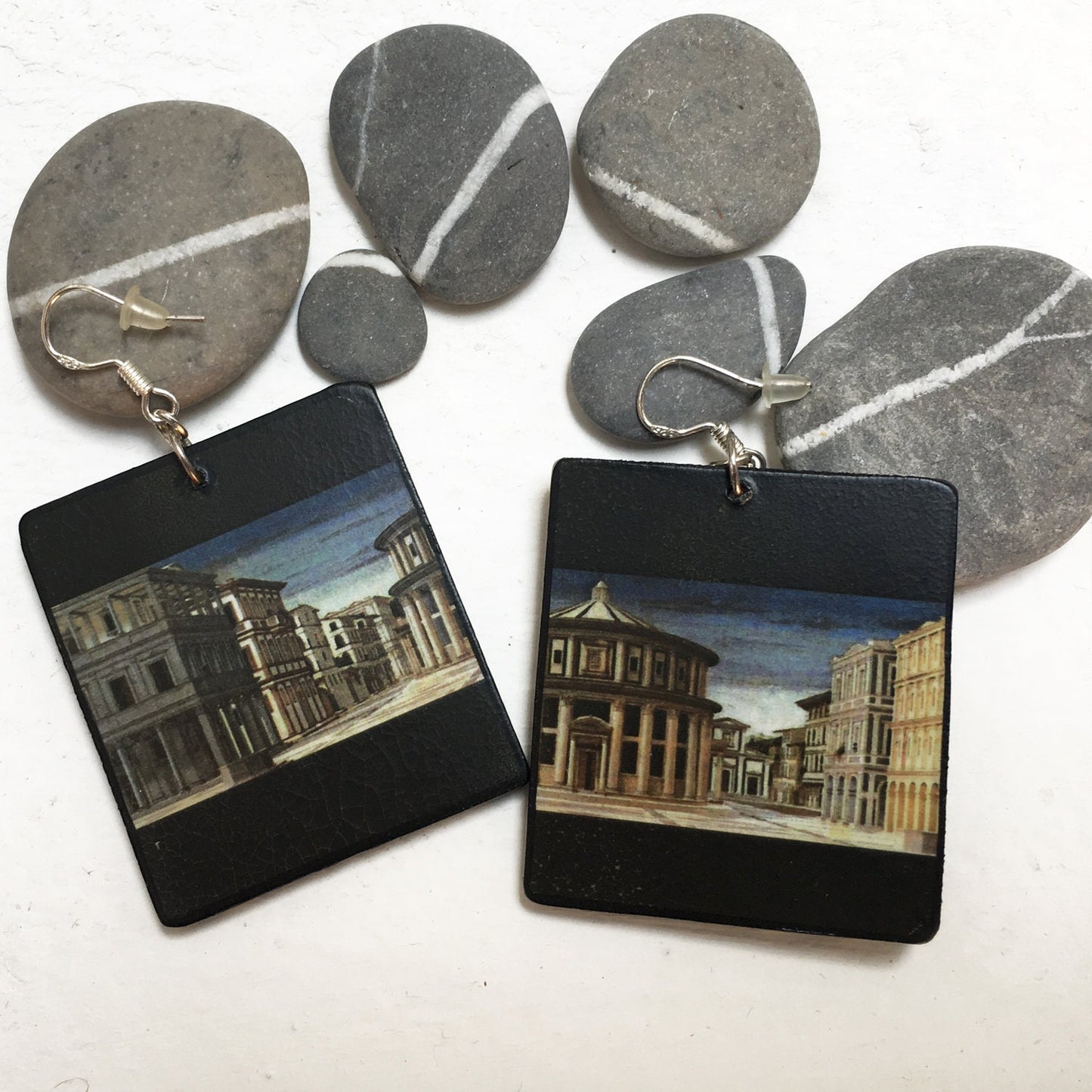 Mismatched art Earrings. Architecture jewellery gift. Wooden unusual earrings.