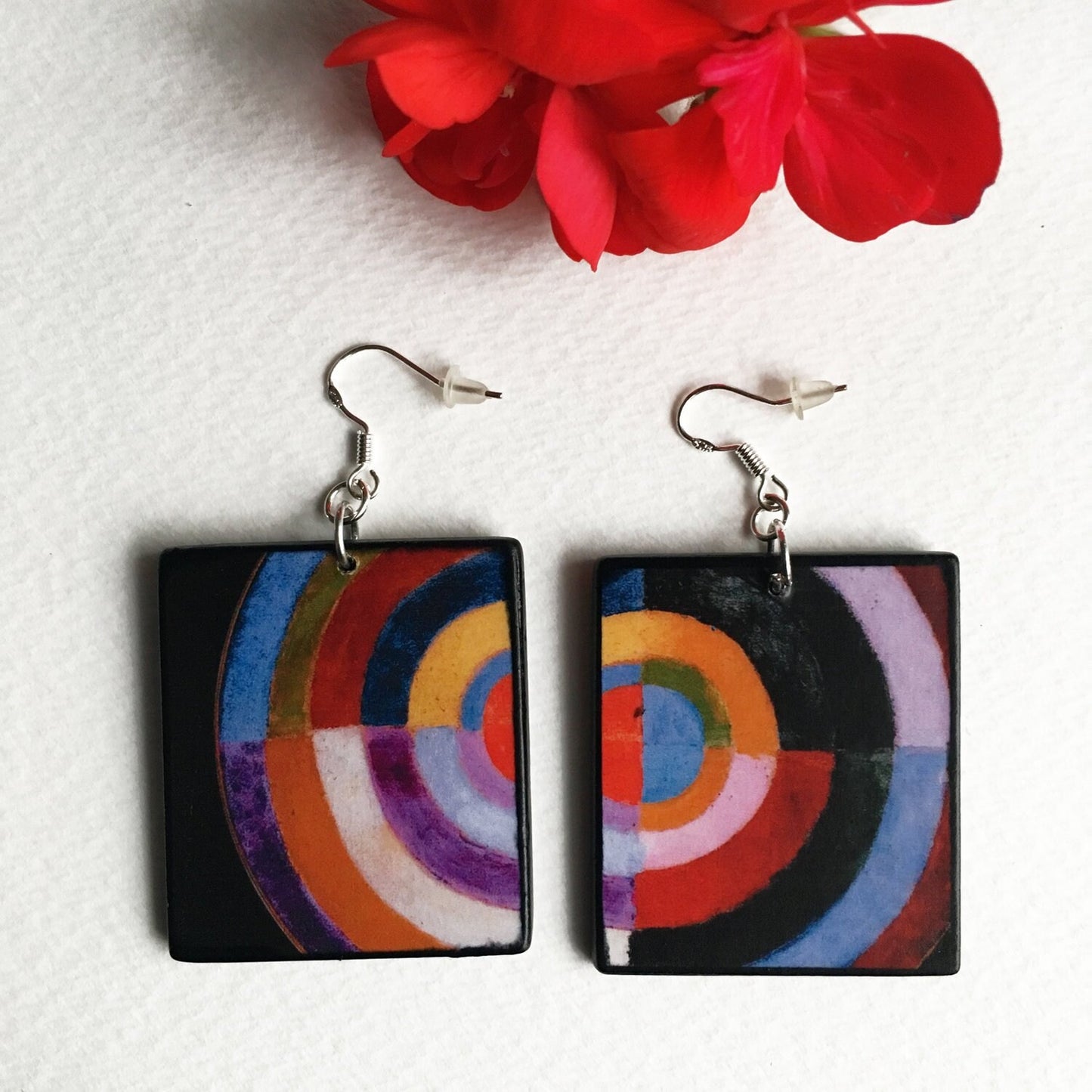 Professionally handmade art based earrings on sustainable wood and sterling silver hooks, "Disque Simultane", 1912 abstract, coloured geometric art by Robert Delaunay. Obljewellery, arsy gifts shop.