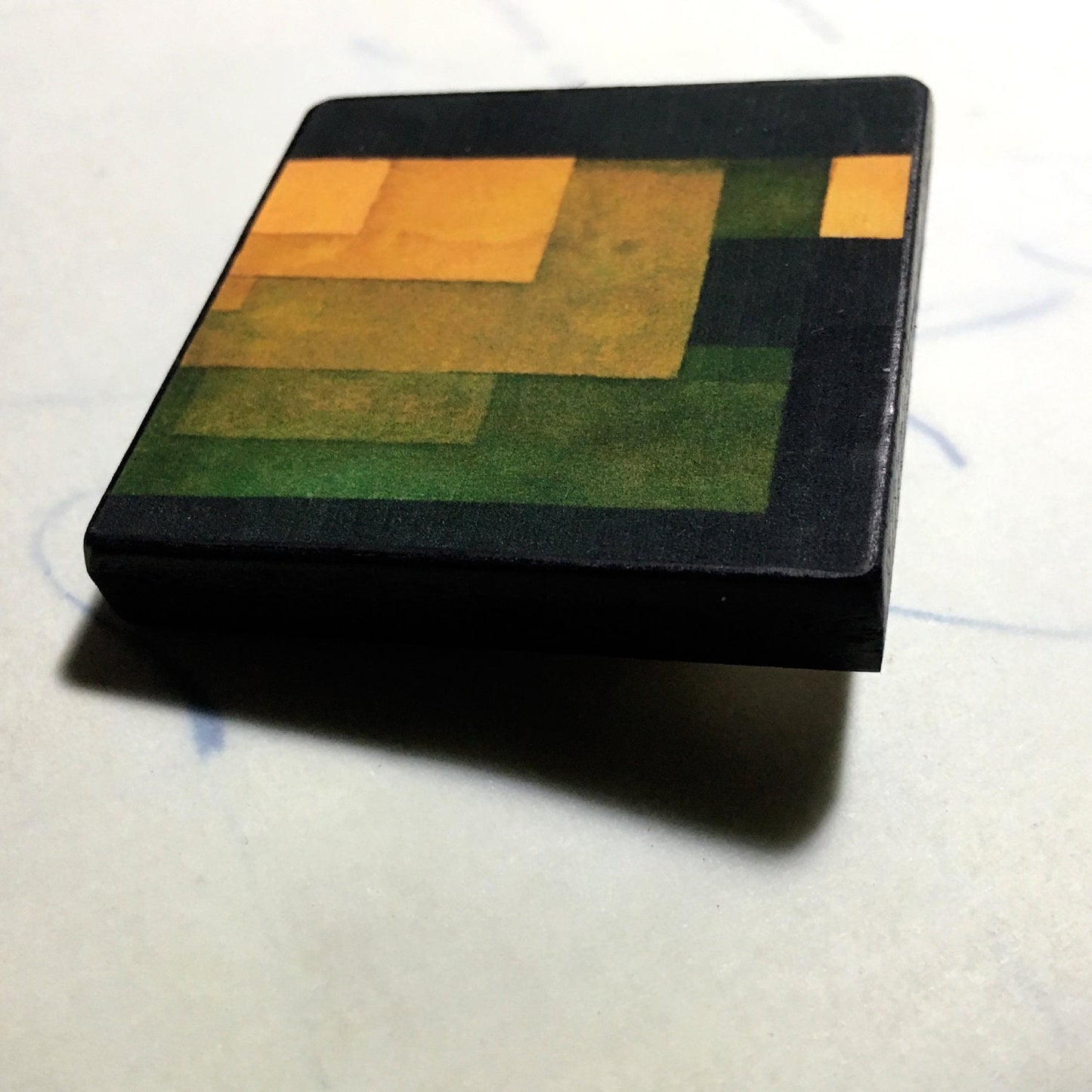 Paul Klee, chartreuse and orange wooden, geometric brooch. Alternative man gift.