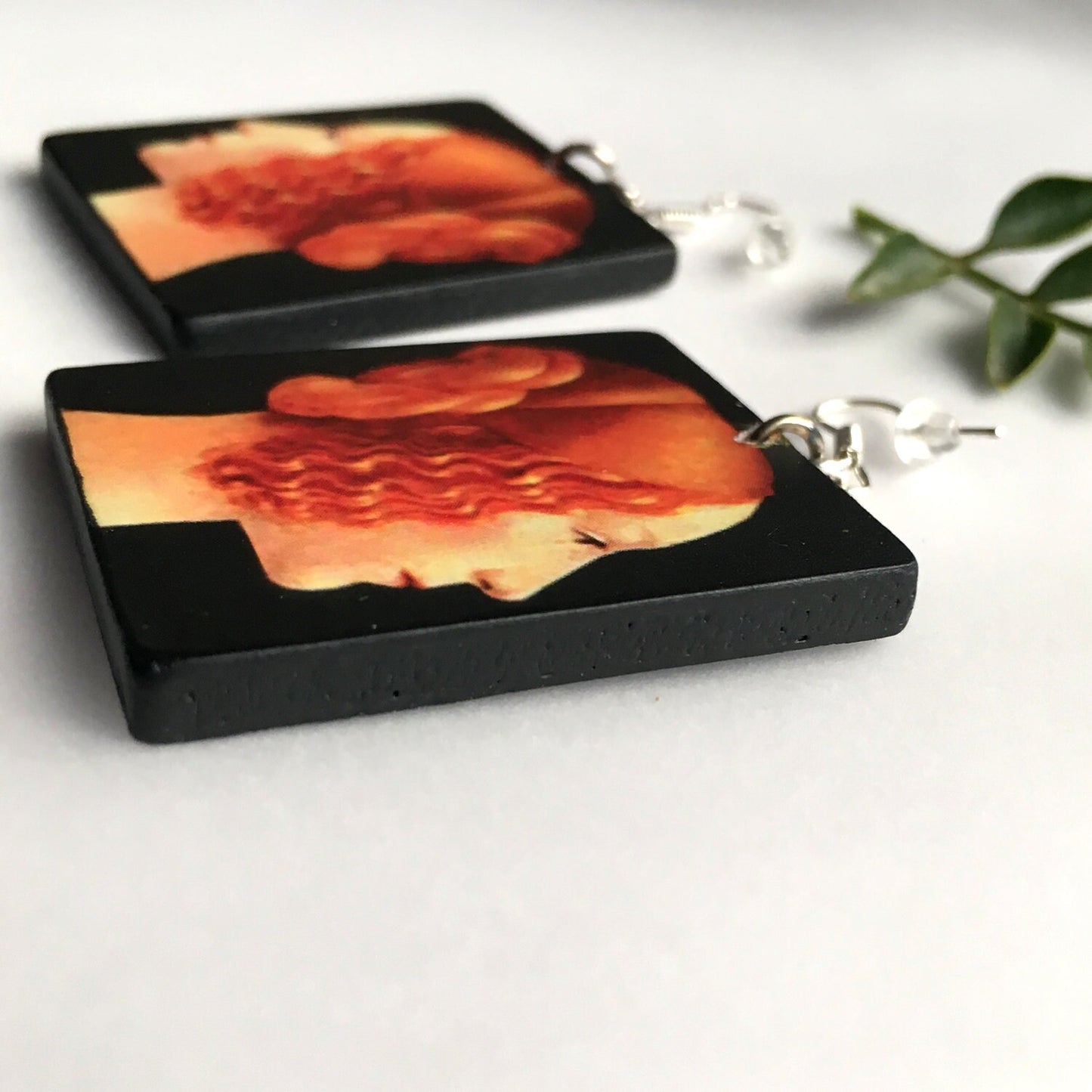 Wood art earrings. Italian Renaissance oil painting by Ghirlandaio.