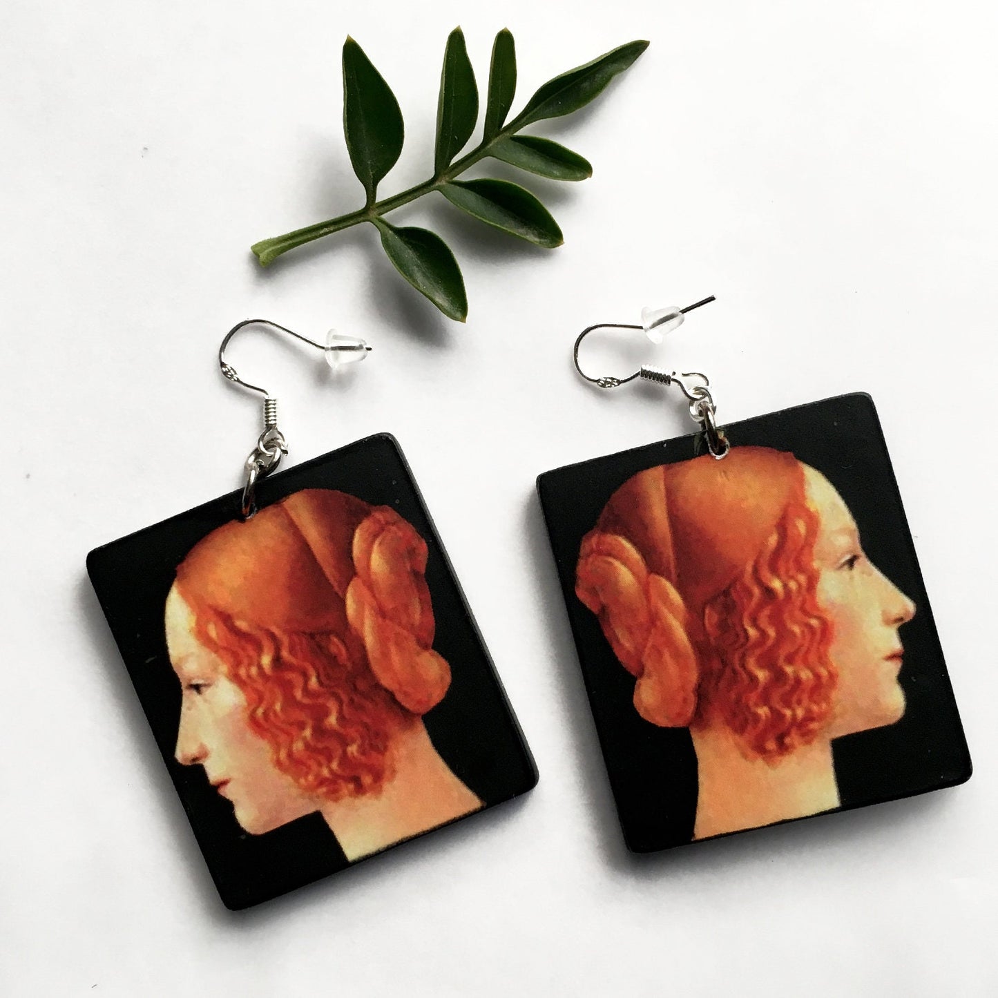 Wood art earrings. Italian Renaissance oil painting by Ghirlandaio.