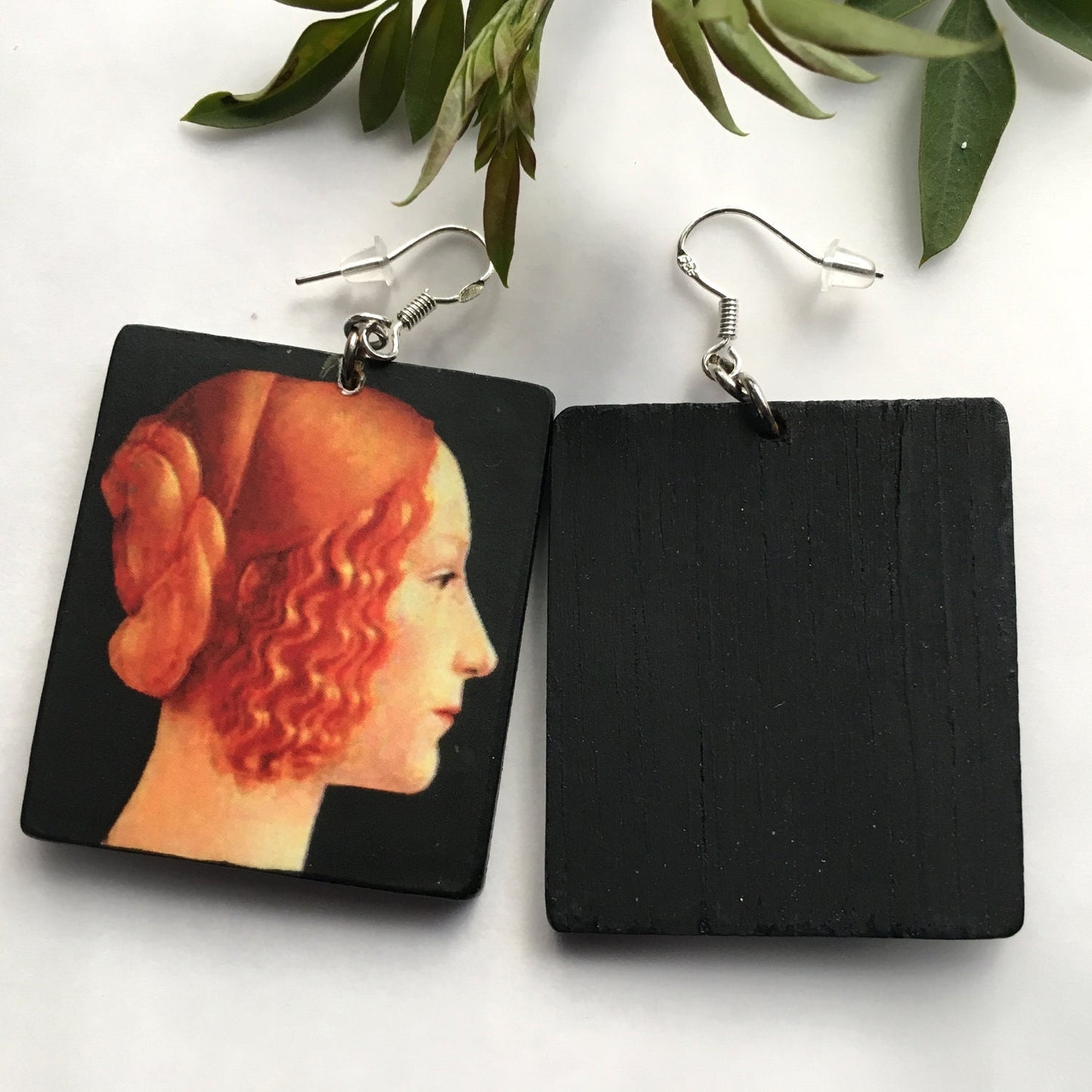 Wood art earrings. Italian Renaissance oil painting by Ghirlandaio.