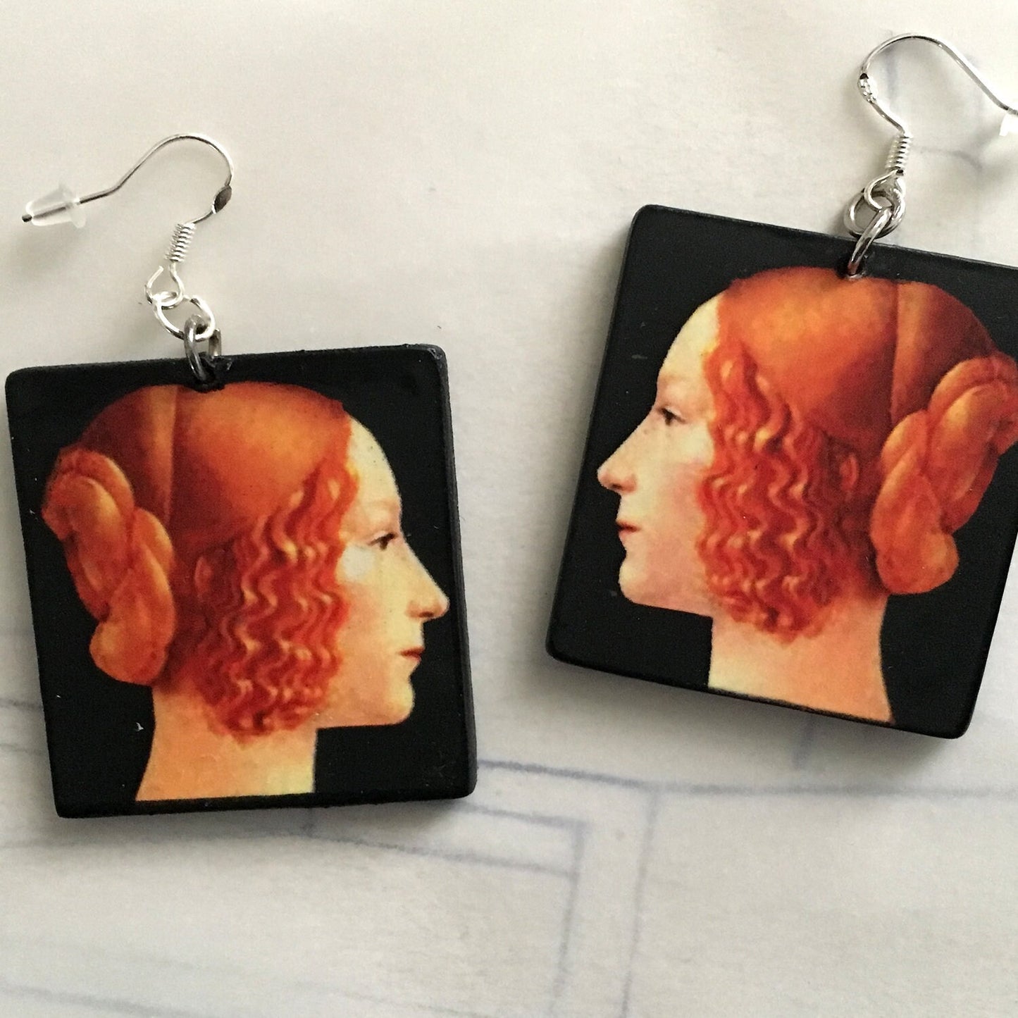 Wood art earrings. Italian Renaissance oil painting by Ghirlandaio.