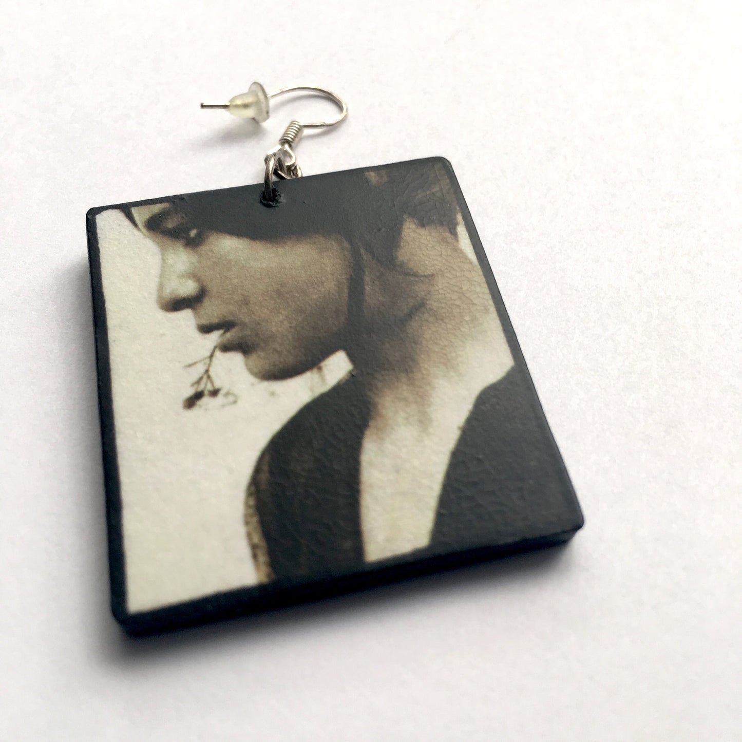 Symmetrical mismatched Art Earrings, Wood and real silver hooks. Inspired by Wilhelm von Gloeden.