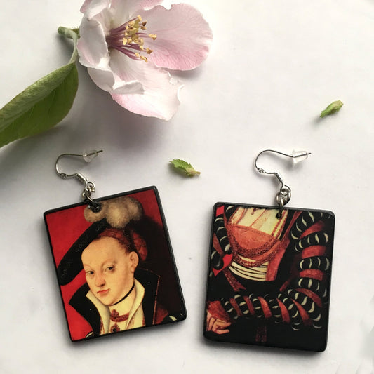 Renaissance art, mismatched earrings are in sustainable wood  with a portrait of a Lady by Lucas Cranach. Obljewellery