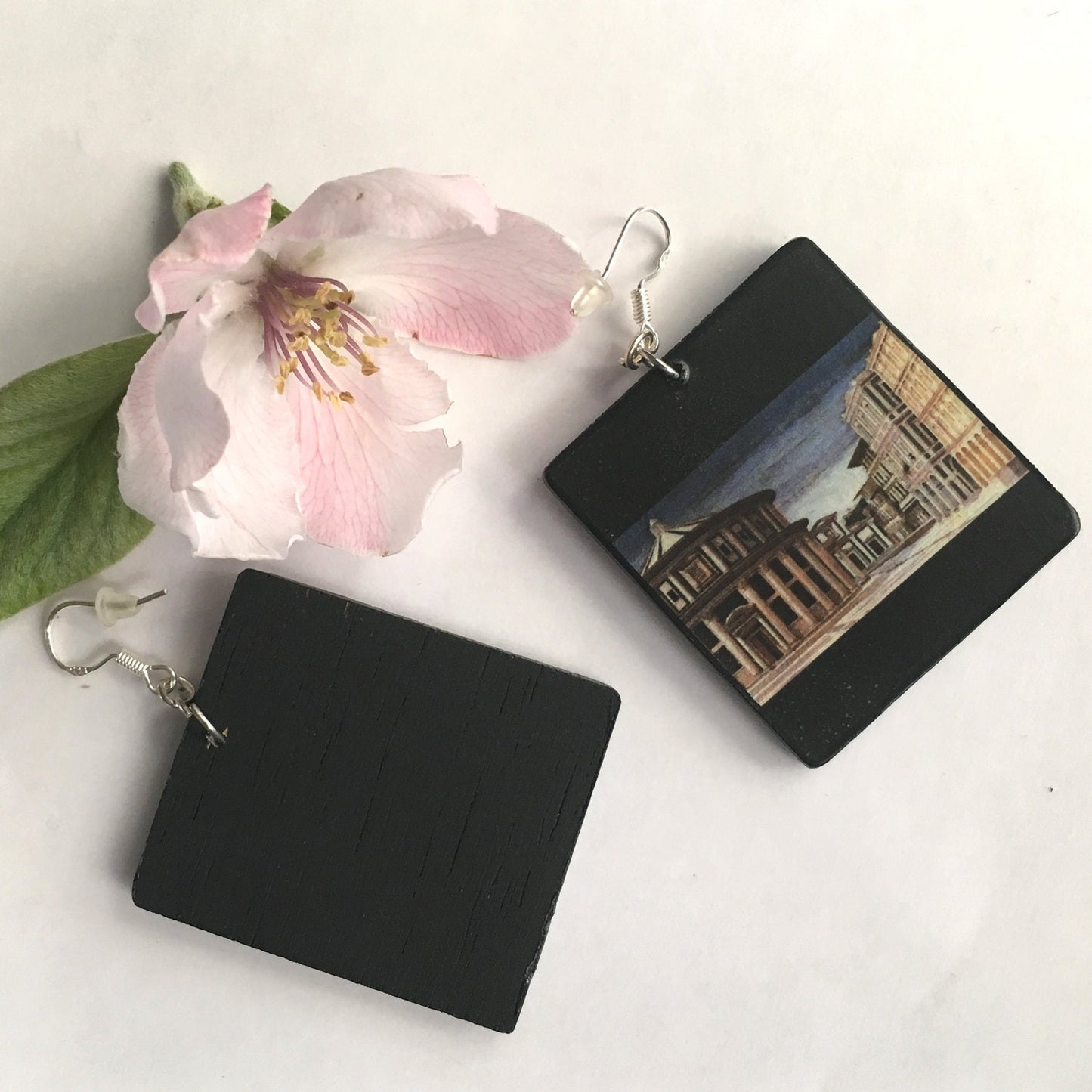 Mismatched art Earrings. Architecture jewellery gift. Wooden unusual earrings.