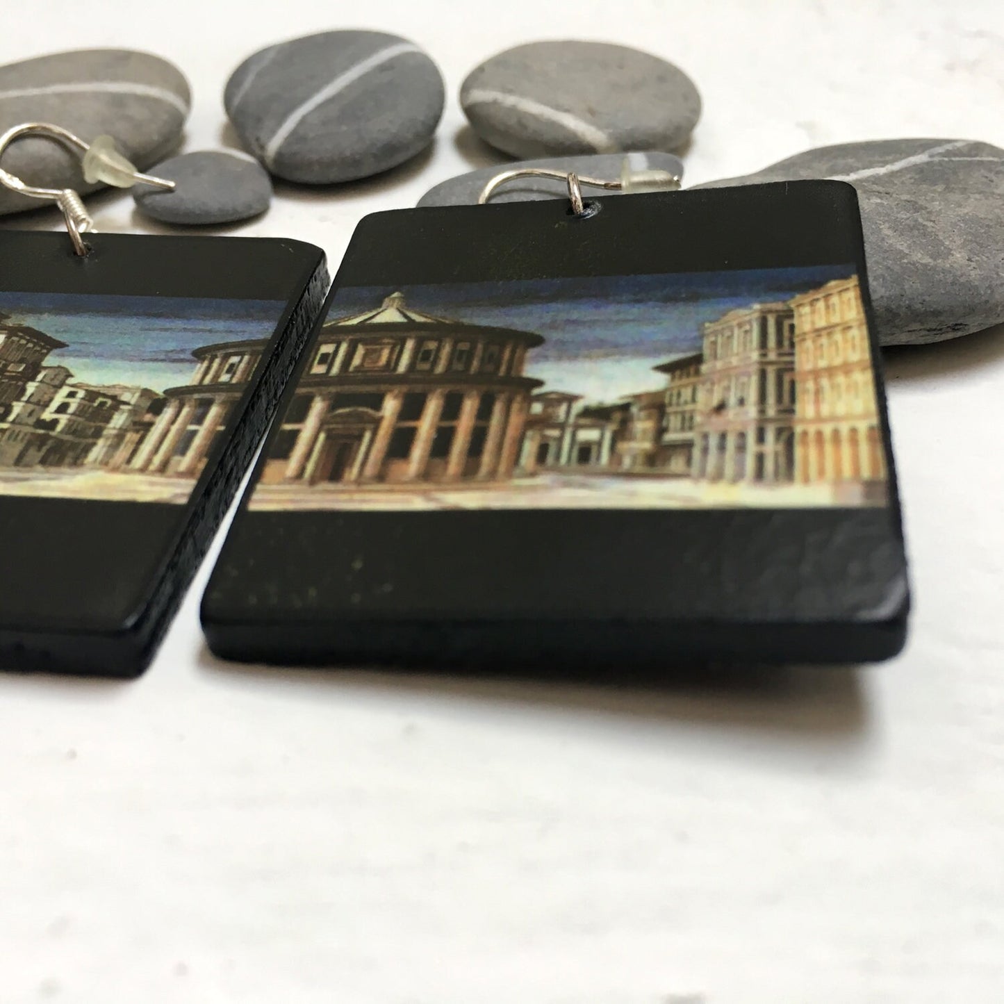 Mismatched art Earrings. Architecture jewellery gift. Wooden unusual earrings.