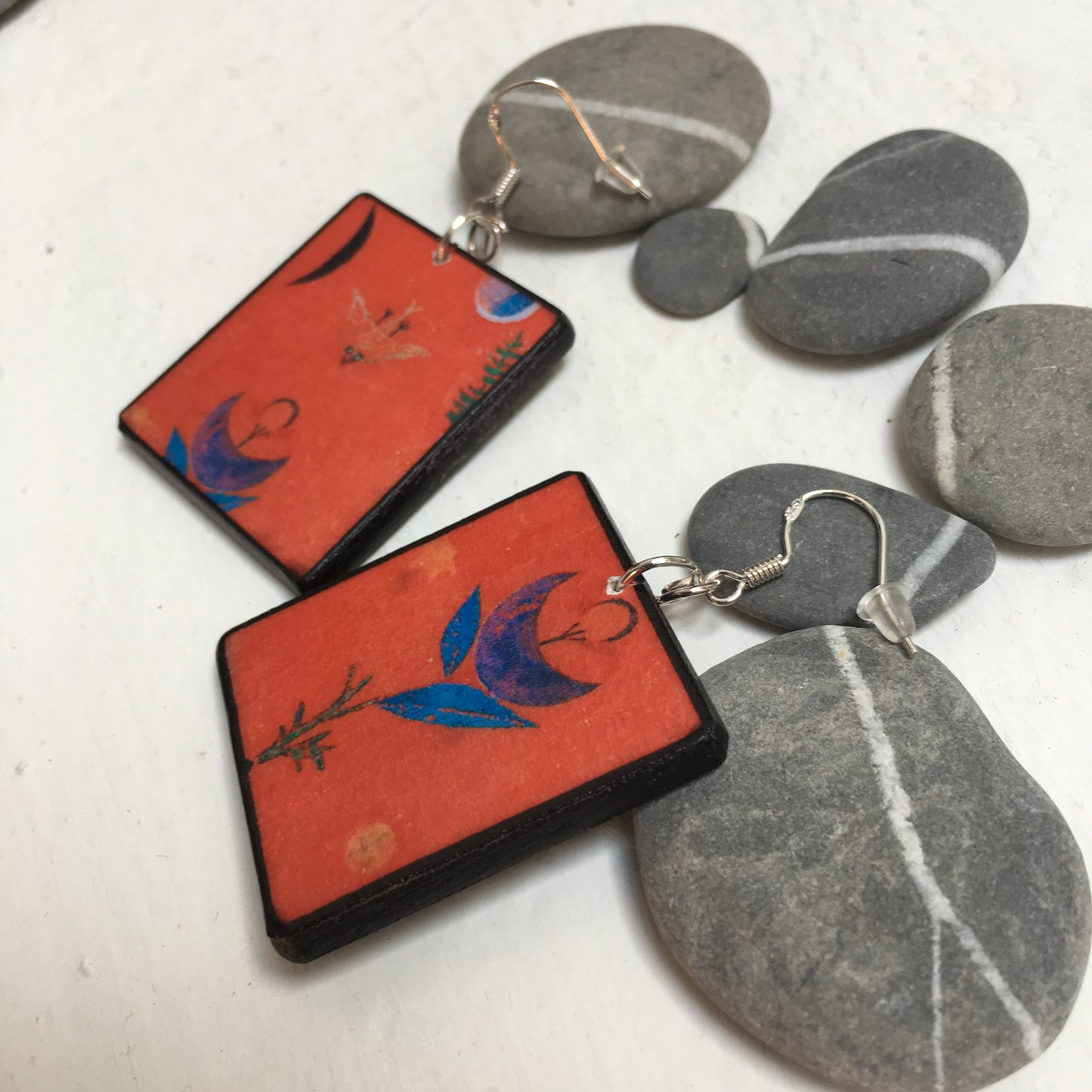 Mismatched Art Wooden Earrings. Flower Myth Paul Klee. Unique gift for wife.