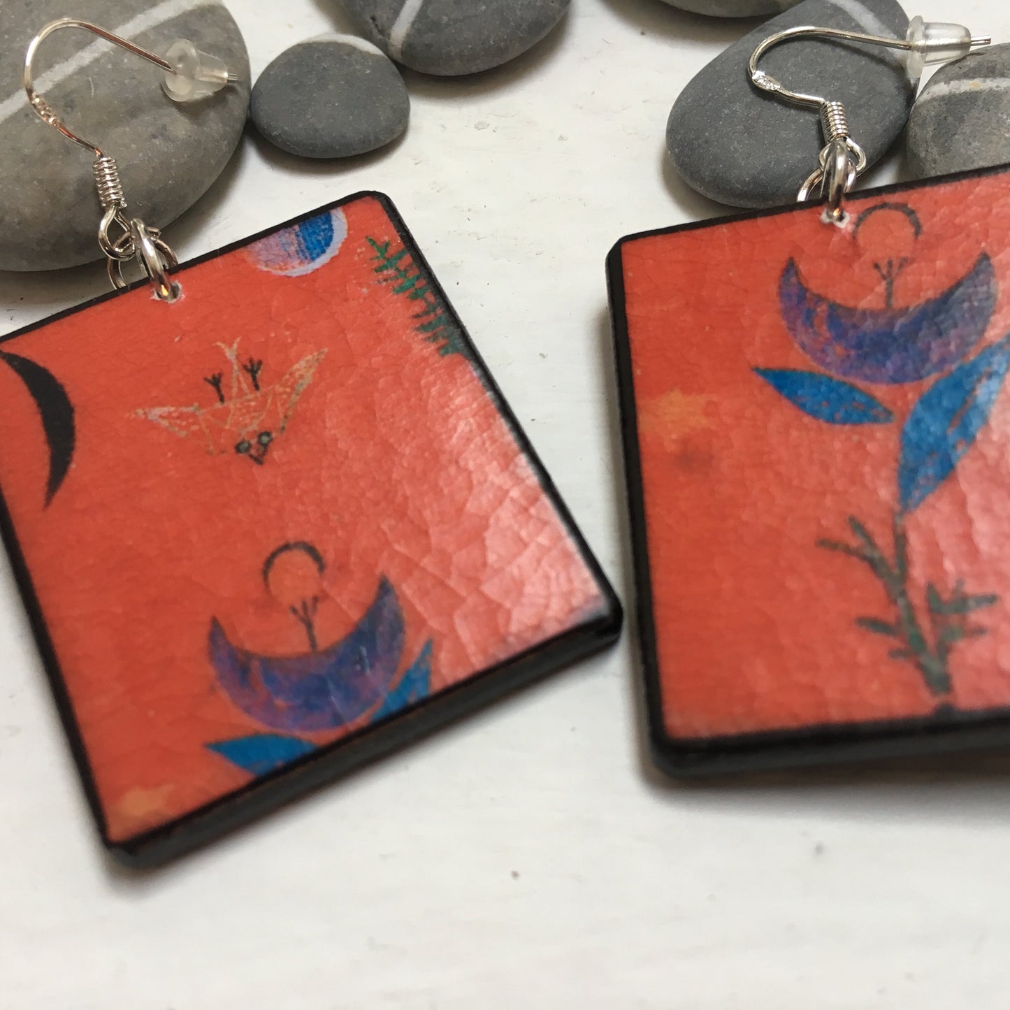 Mismatched Art Wooden Earrings. Flower Myth Paul Klee. Unique gift for wife.