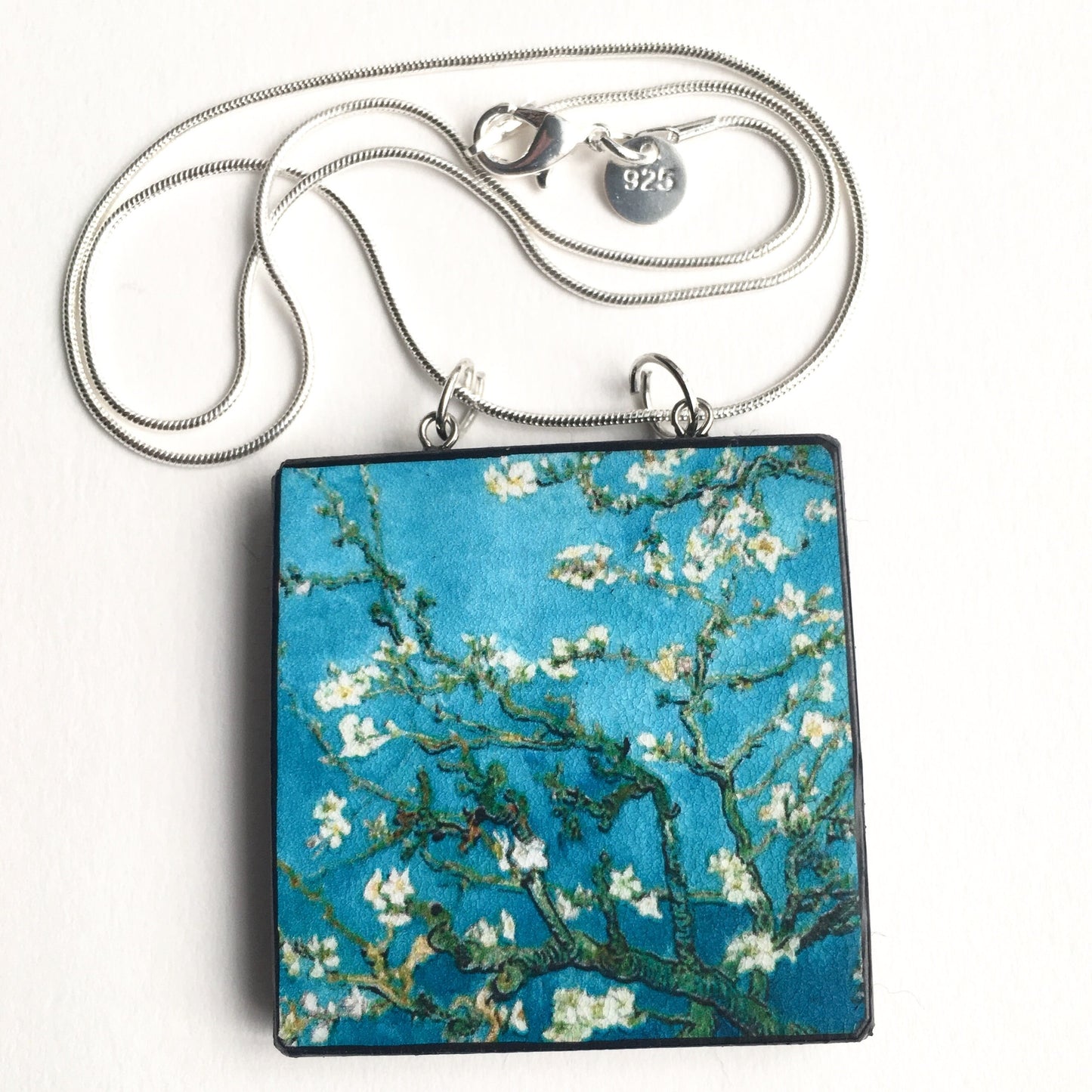 The Van Gogh necklaces is inspired by the masterpiece "Almond Blossom" where the artist painted one of his favourite subjects large flowering branches against a blue sky. The almond tree blooms is a symbol of new life, this painting was a gift for his brother Theo and his wife who had a son. Vincent Van Gogh was inspired by Japanese prints. Vincent van Gogh (1853 - 1890), Saint-Rémy-de-Provence, February 1890 oil on canvas, 73.3 cm x 92.4 cm