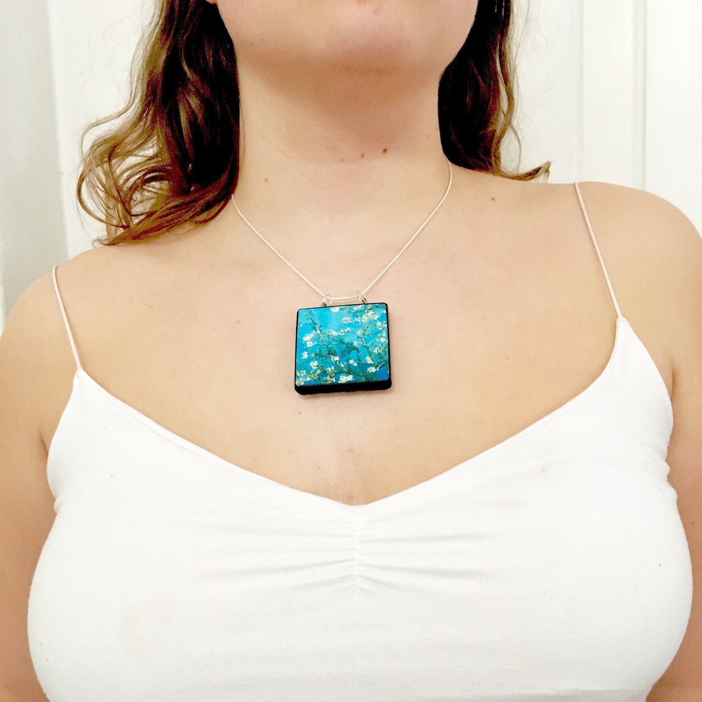 The Van Gogh necklaces is inspired by the masterpiece "Almond Blossom" where the artist painted one of his favourite subjects large flowering branches against a blue sky. The almond tree blooms is a symbol of new life, this painting was a gift for his brother Theo and his wife who had a son. Vincent Van Gogh was inspired by Japanese prints. Vincent van Gogh (1853 - 1890), Saint-Rémy-de-Provence, February 1890 oil on canvas, 73.3 cm x 92.4 cm