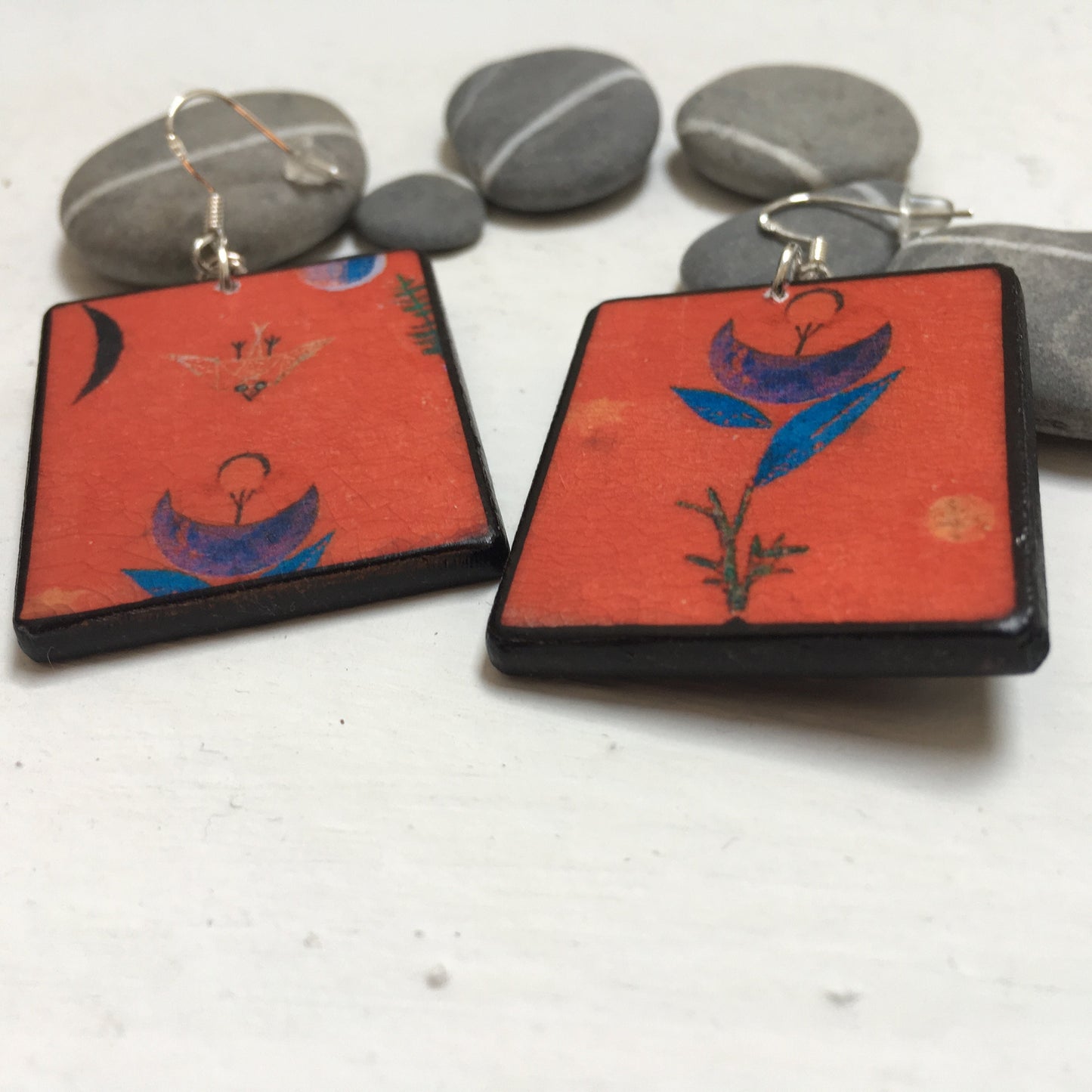 Mismatched Art Wooden Earrings. Flower Myth Paul Klee. Unique gift for wife.