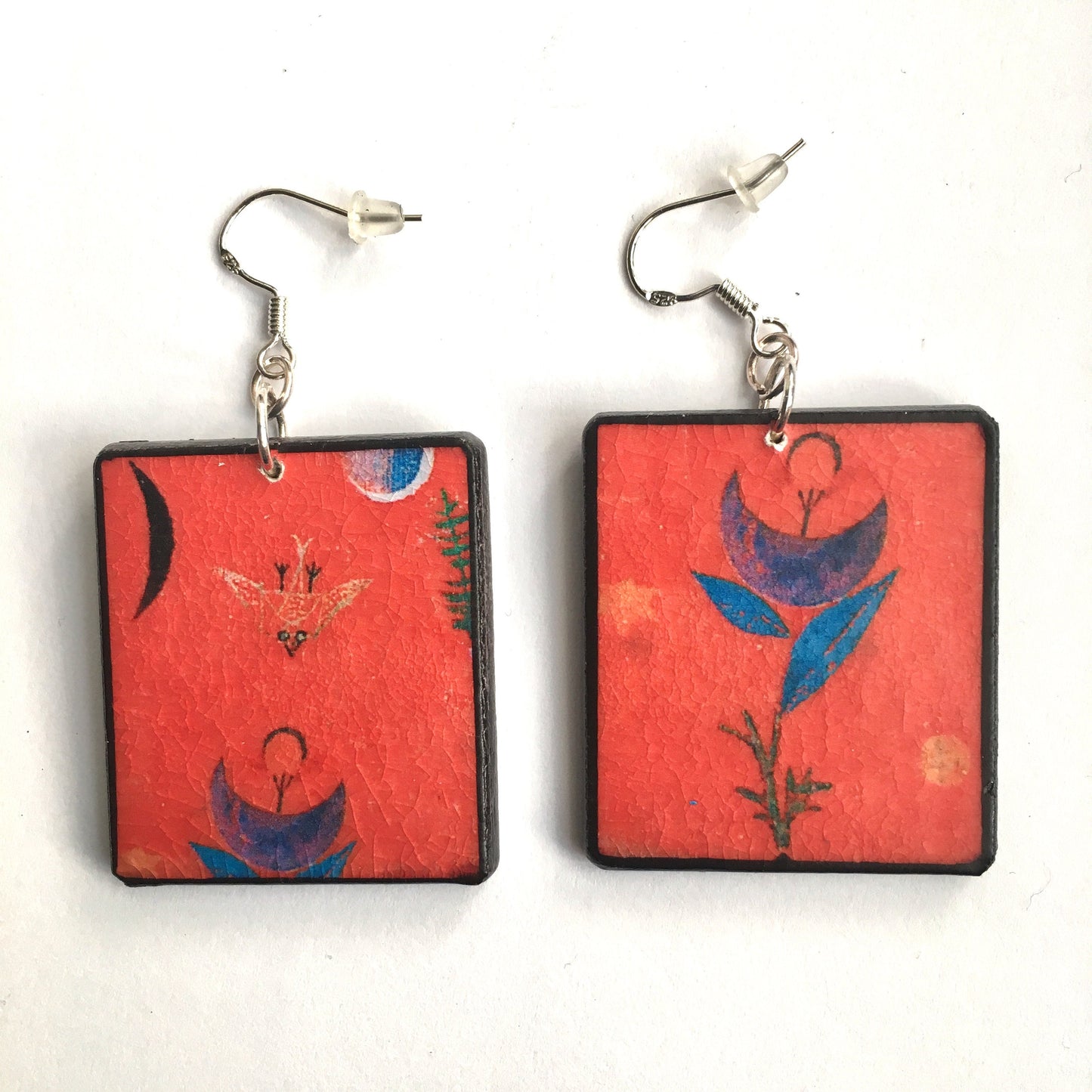 Mismatched Art Wooden Earrings. Flower Myth Paul Klee. Unique gift for wife.