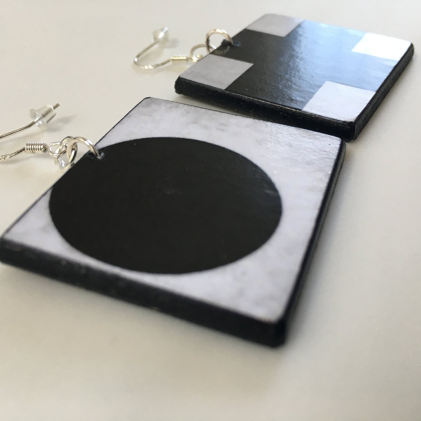 Kazimir Malevich, mismatched earrings, Statement art earrings on sustainable wood. black and white earrings with art detail. Black Cross and Black Circle art painting. Obljewellery artsy gift.