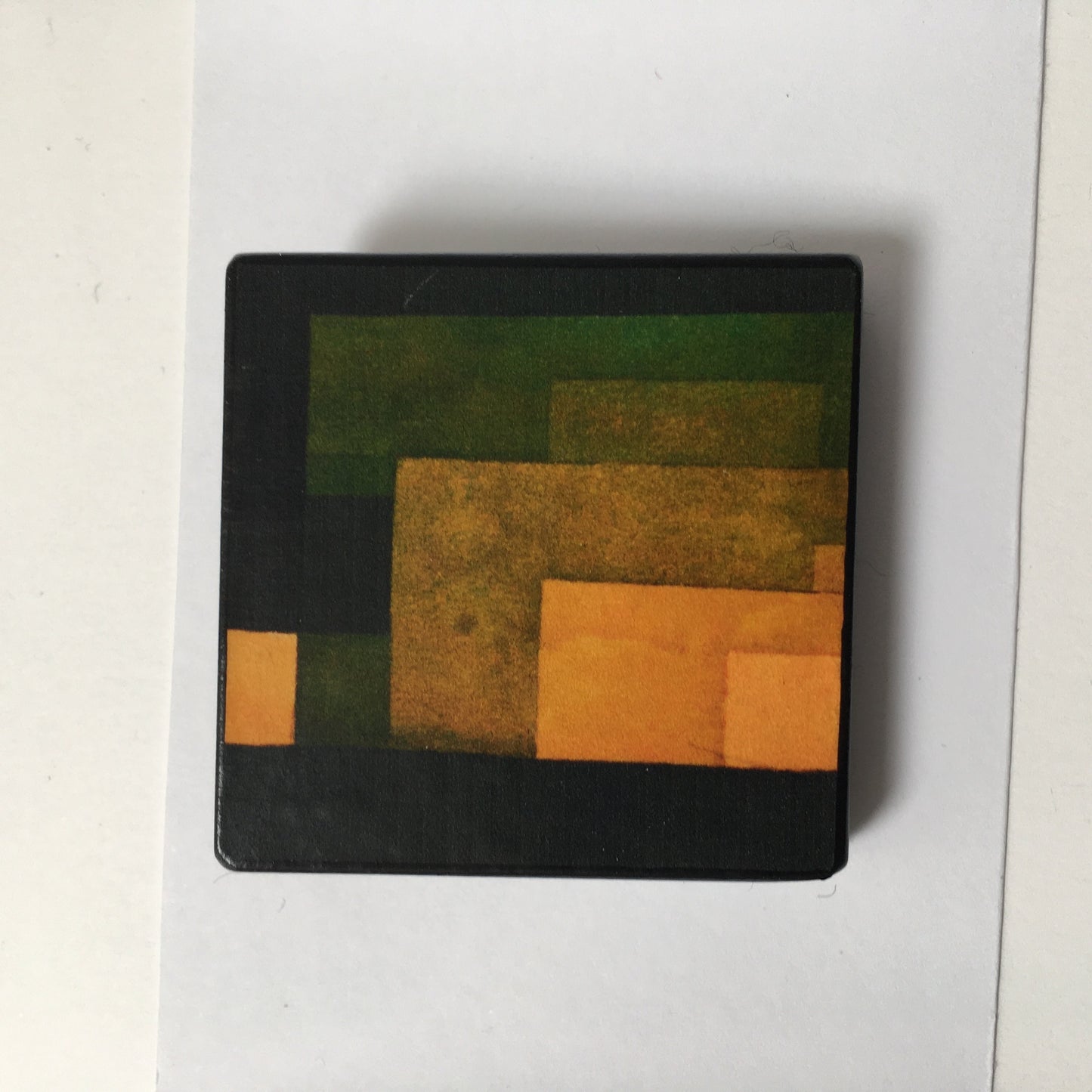 Paul Klee, chartreuse and orange wooden, geometric brooch. Alternative man gift.
