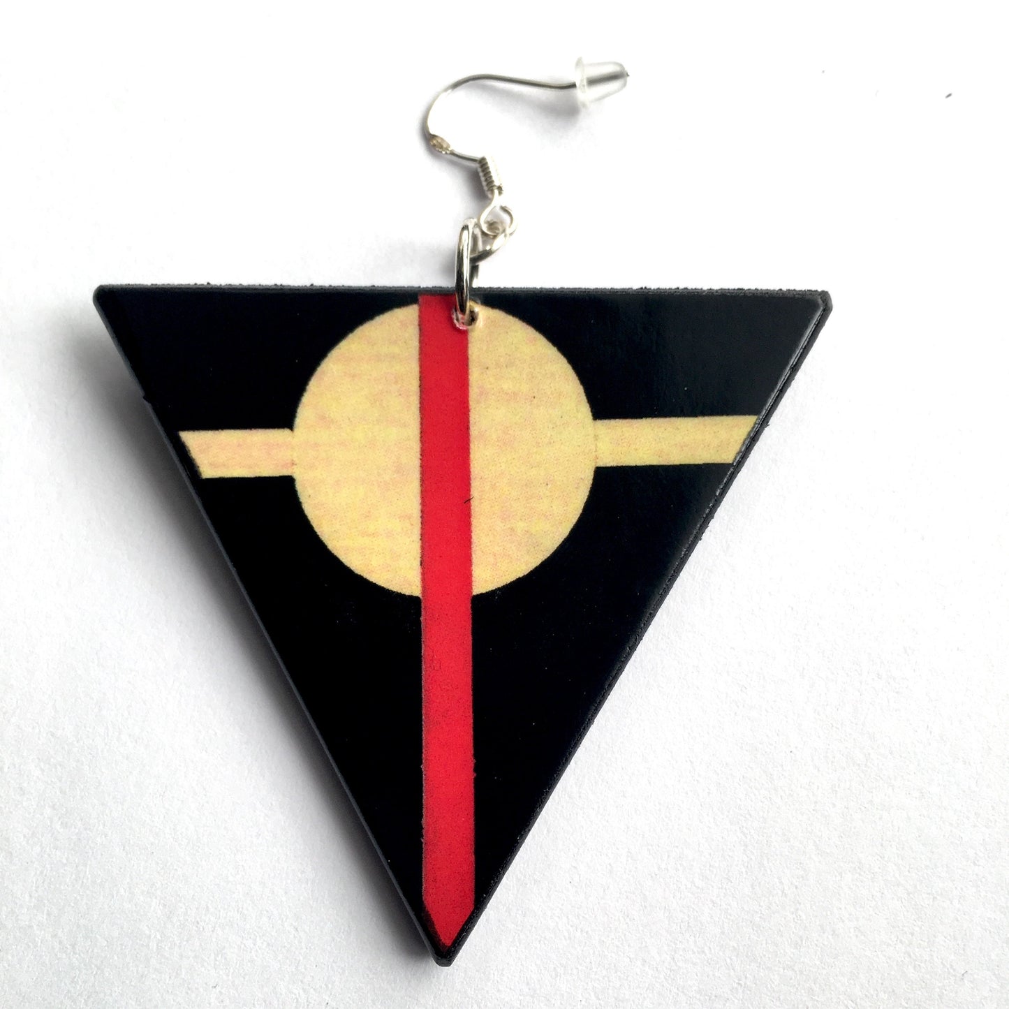 Mismatched and asymmetrical drop earrings inspired by Suprematist artist Il'ia Chashnik. on wood with sterling silver hooks.