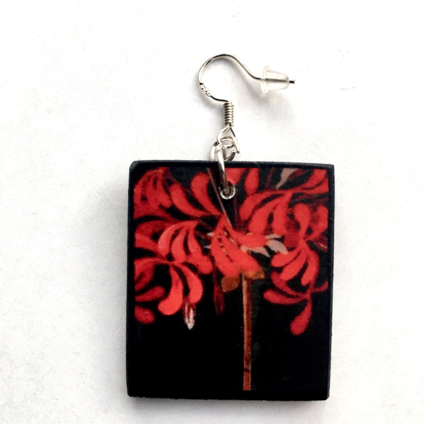 Mary Delany botanical wooden Earrings, Red flowers mismatched earrings.