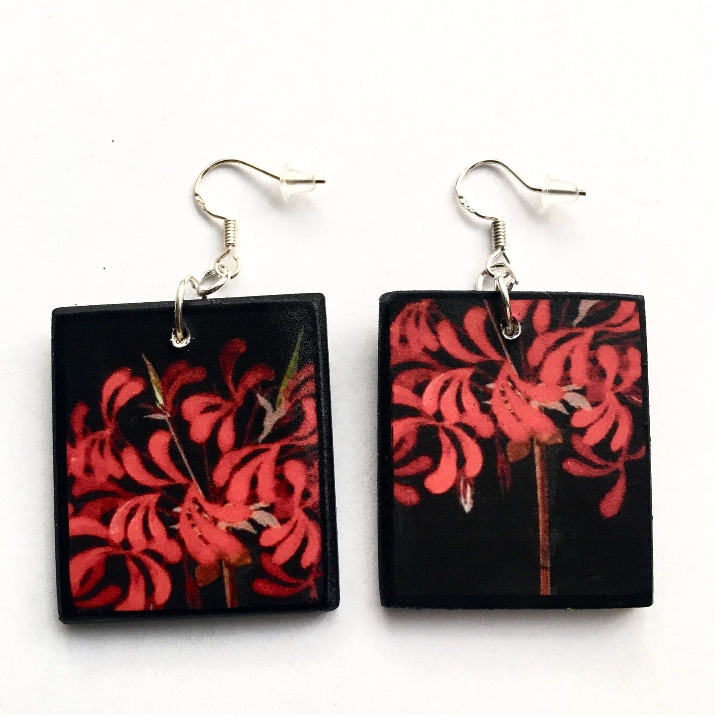 Mary Delany botanical wooden Earrings, Red flowers mismatched earrings.