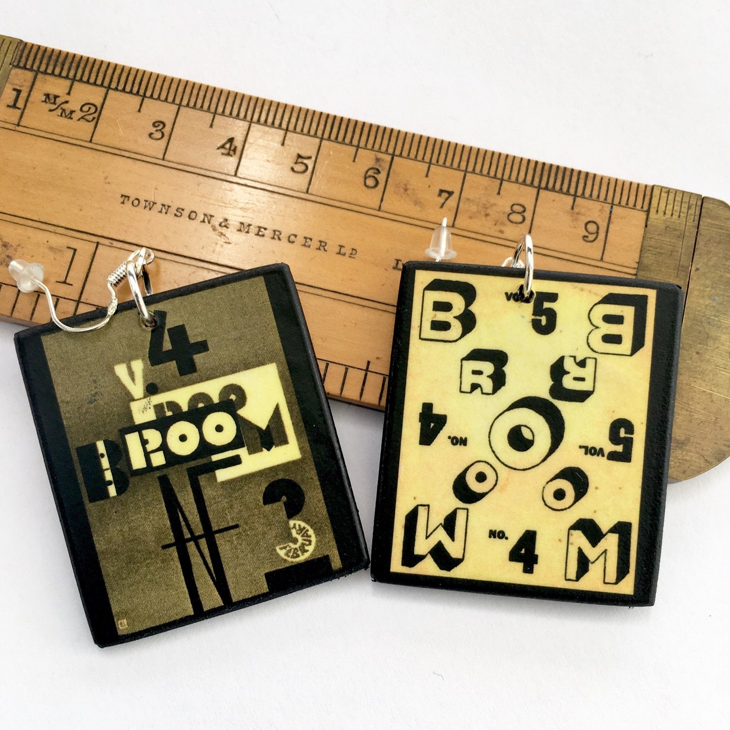 Mismatched Broom art magazine, abstract, handmade drop earrings on sustainable wood Inspired by Constructivist art cover magazine painting by the artist El Lissinsky.