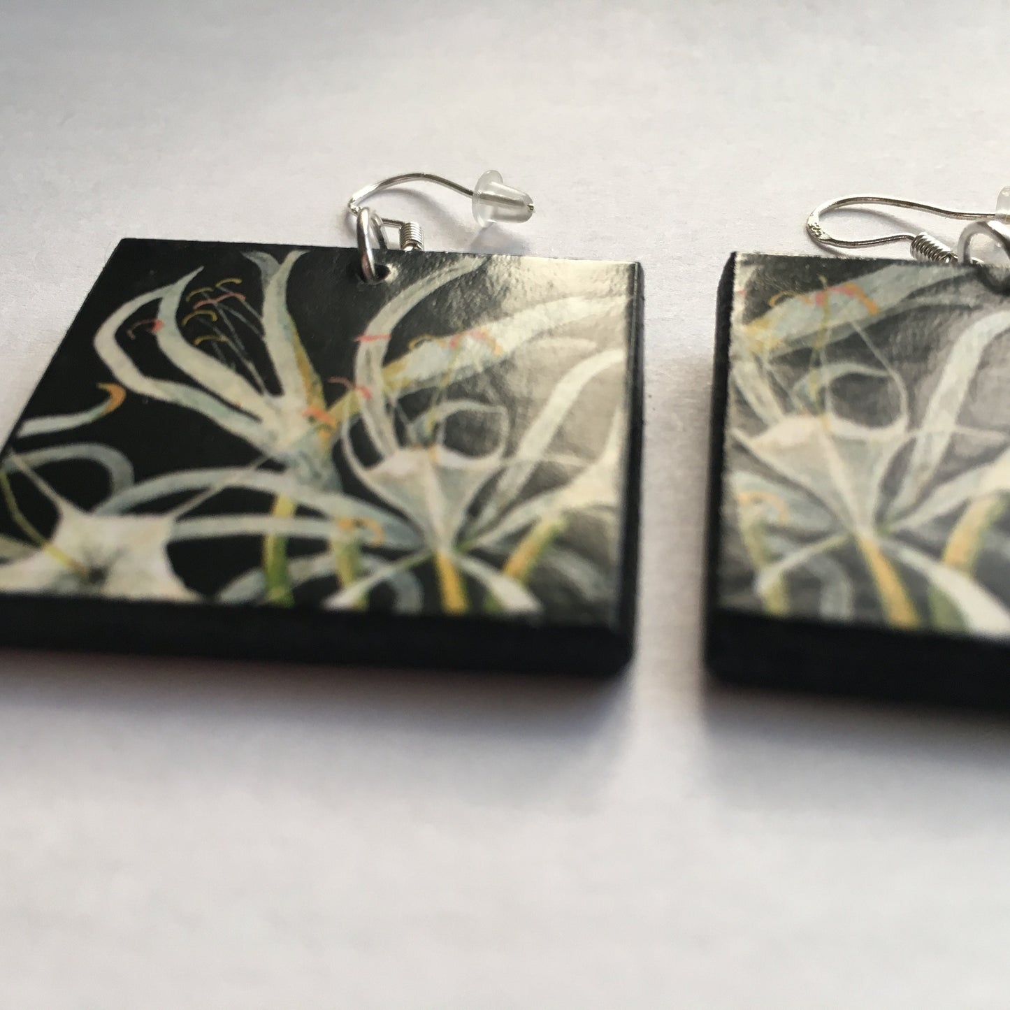 Mary Delany, sustainable wooden earrings. Artsy gift earrings.