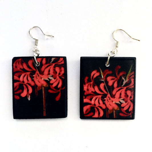 Mary Delany botanical wooden Earrings, Red flowers mismatched earrings.