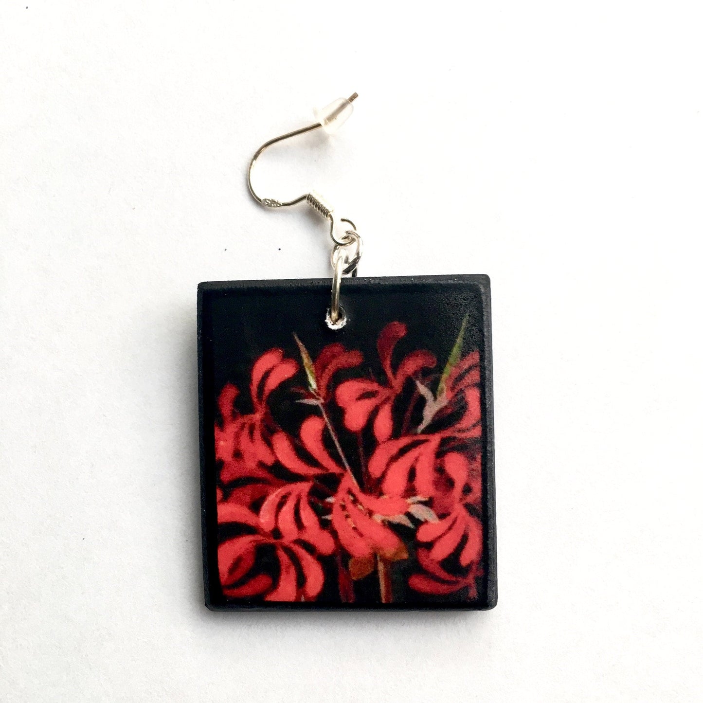 Mary Delany botanical wooden Earrings, Red flowers mismatched earrings.