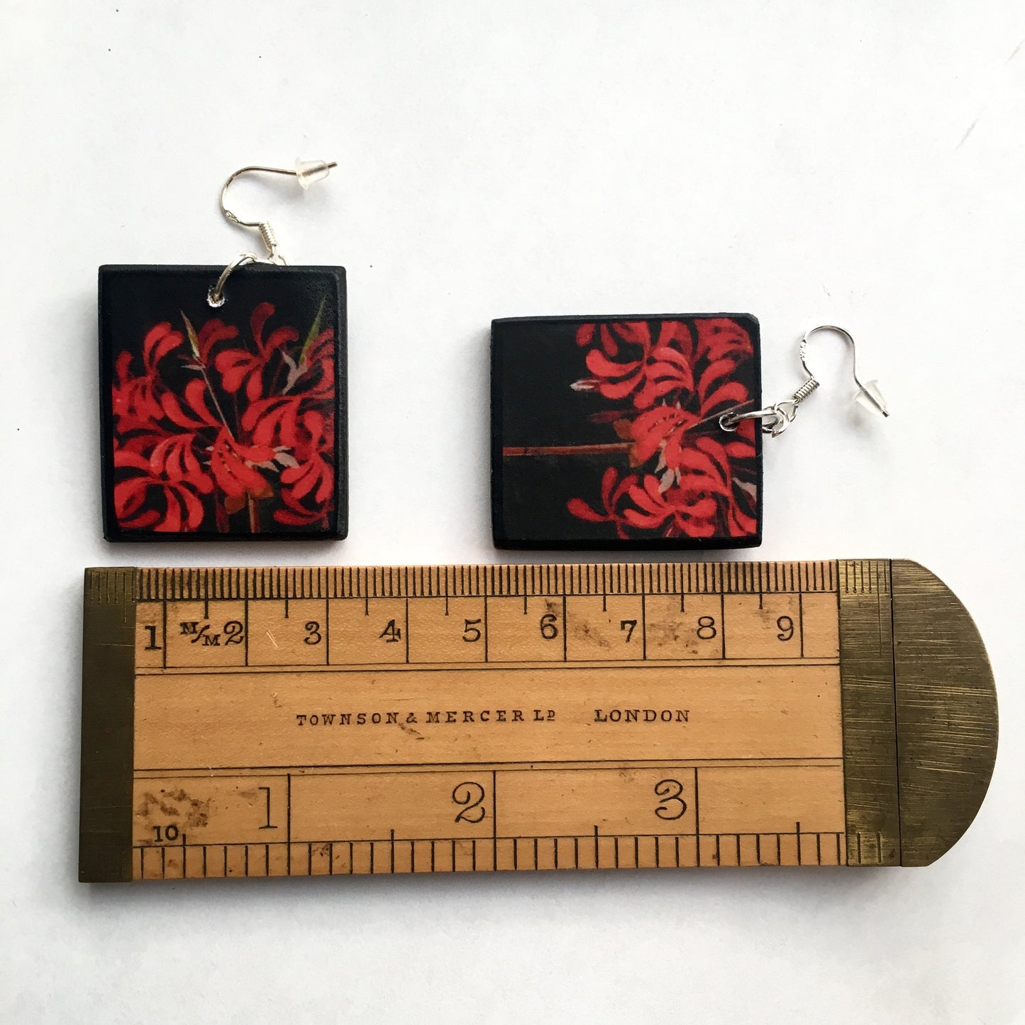Mary Delany botanical wooden Earrings, Red flowers mismatched earrings.