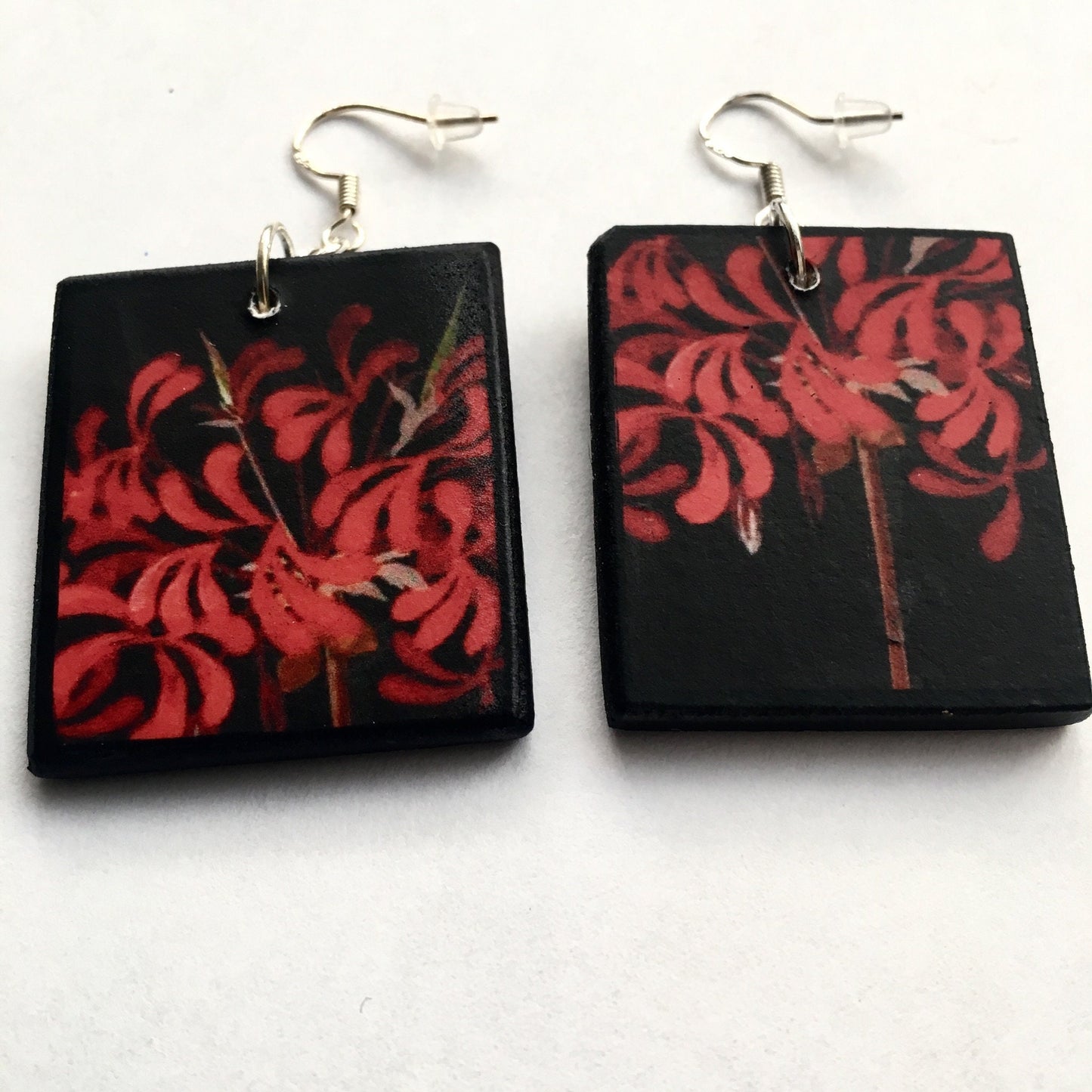 Mary Delany botanical wooden Earrings, Red flowers mismatched earrings.