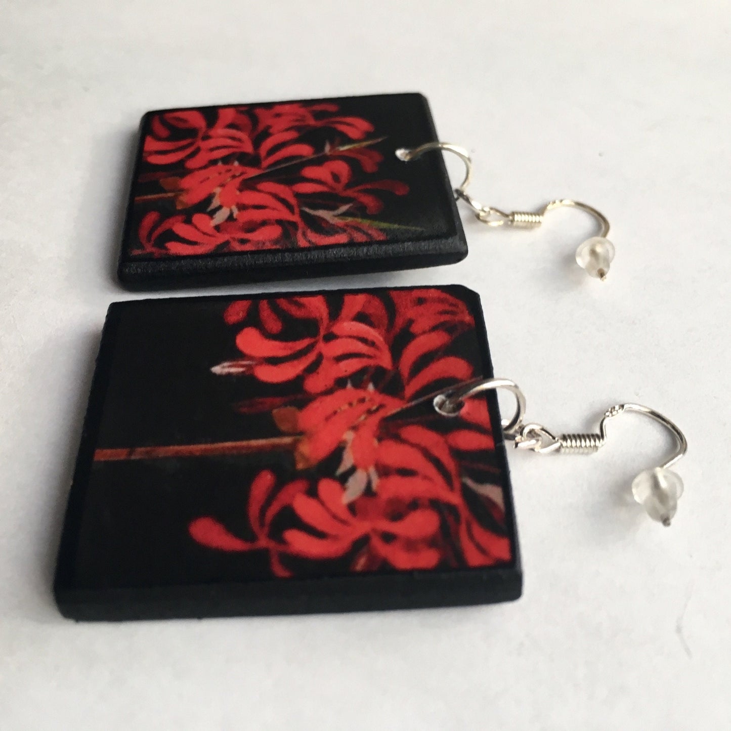 Mary Delany botanical wooden Earrings, Red flowers mismatched earrings.