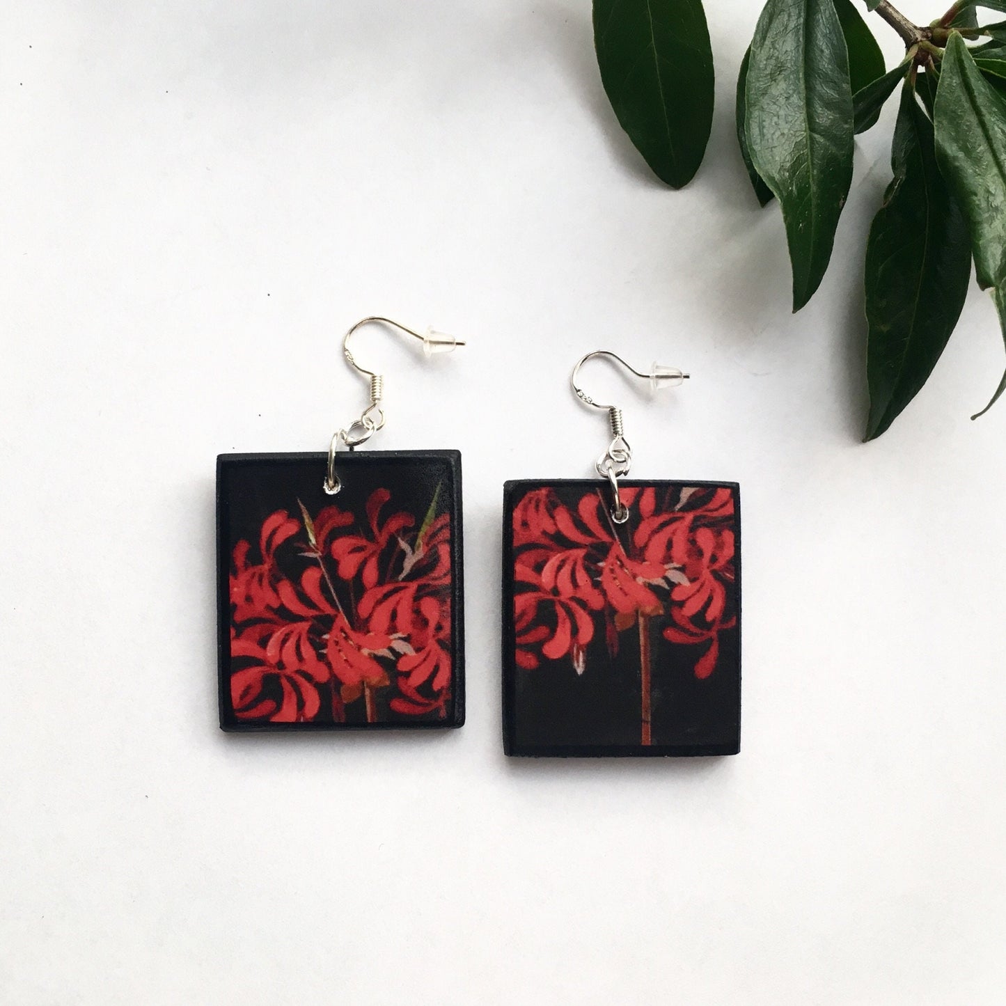 Mary Delany botanical wooden Earrings, Red flowers mismatched earrings.