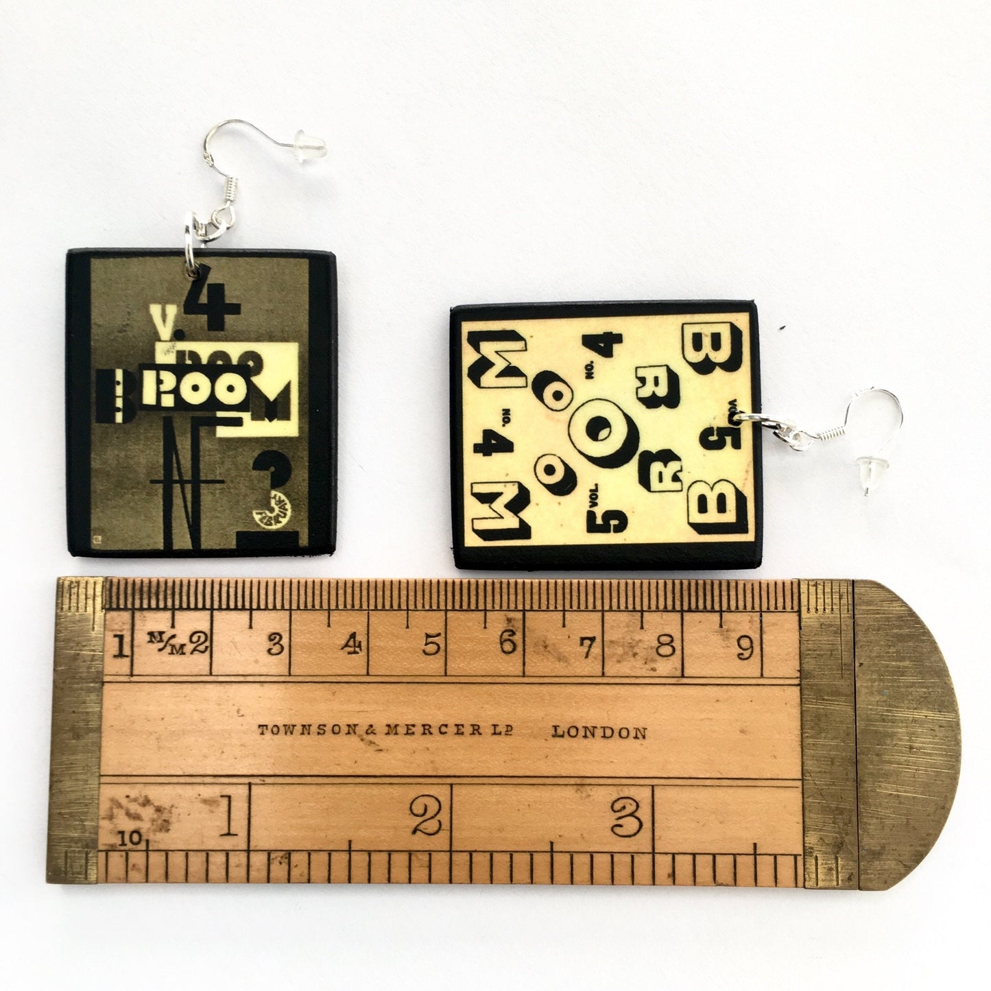 Mismatched Broom art magazine, abstract, handmade drop earrings on sustainable wood Inspired by Constructivist art cover magazine painting by the artist El Lissinsky.