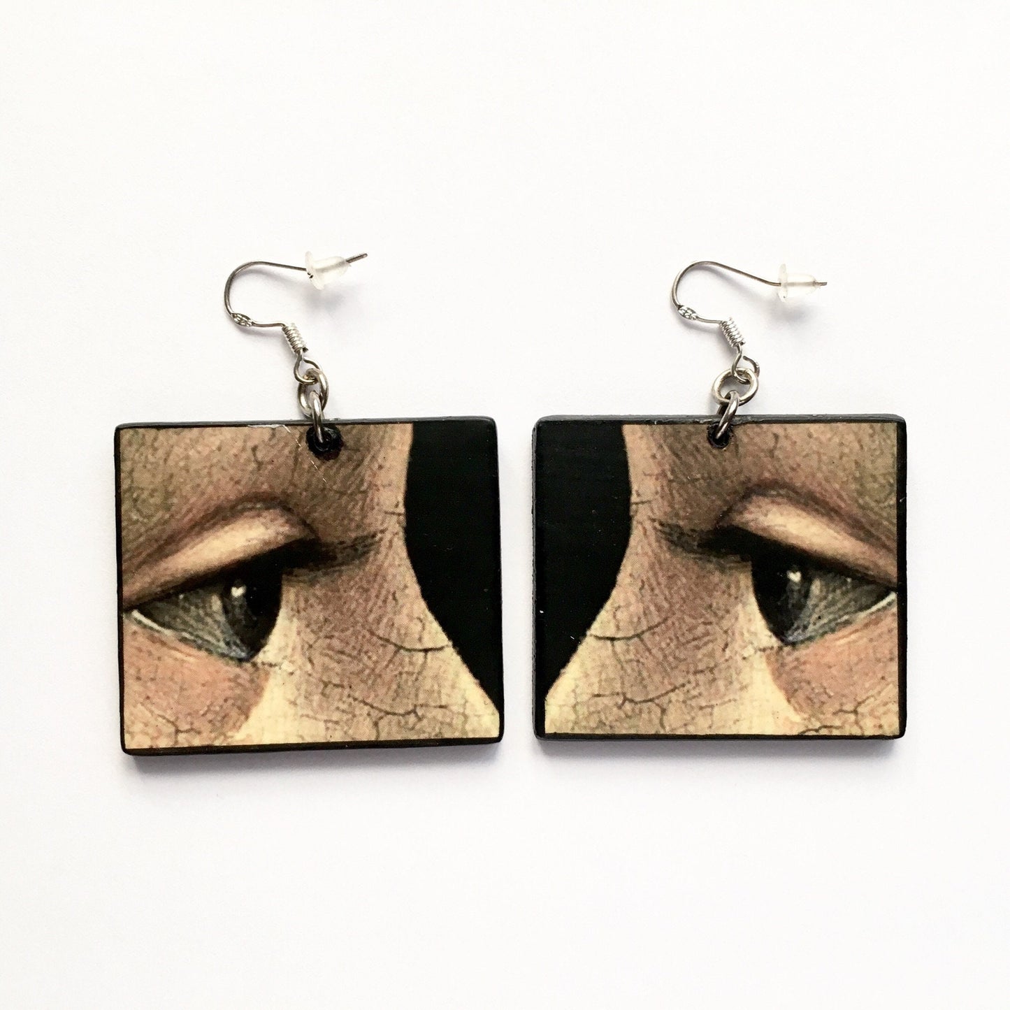 Statement art earrings based on the painting "Portrait of Giovanna Tornabuoni" eye detail by Domenico Ghirlandaio. These handmade wooden earrings are lightweight, the cool artsy, sustainable gift for her.