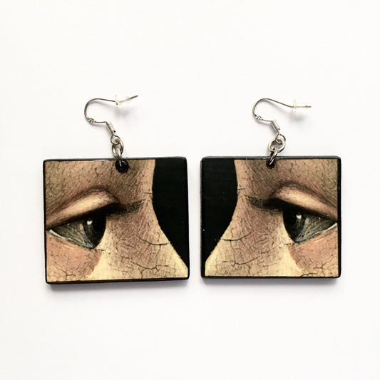 Statement art earrings based on the painting "Portrait of Giovanna Tornabuoni" eye detail by Domenico Ghirlandaio. These handmade wooden earrings are lightweight, the cool artsy, sustainable gift for her.
