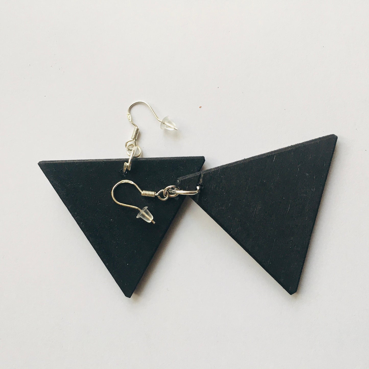 Triangle earrings, wood and sterling earrings. Cat earrings gift for her.