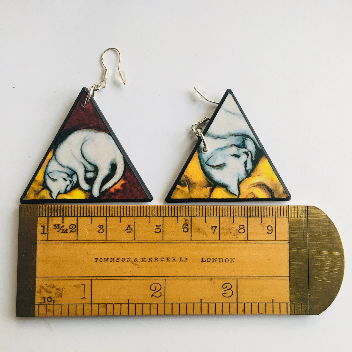Triangle earrings, wood and sterling earrings. Cat earrings gift for her.