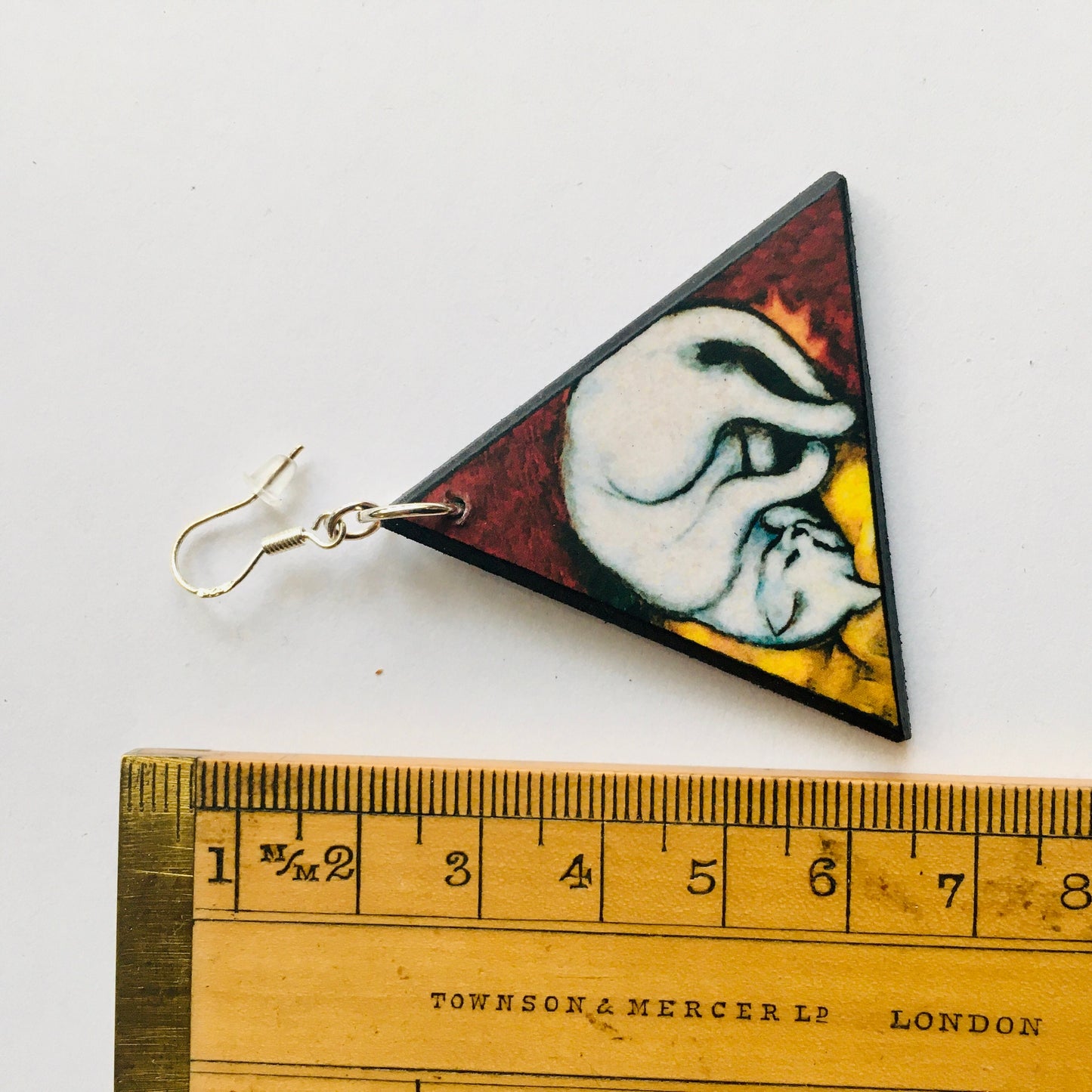 Triangle earrings, wood and sterling earrings. Cat earrings gift for her.