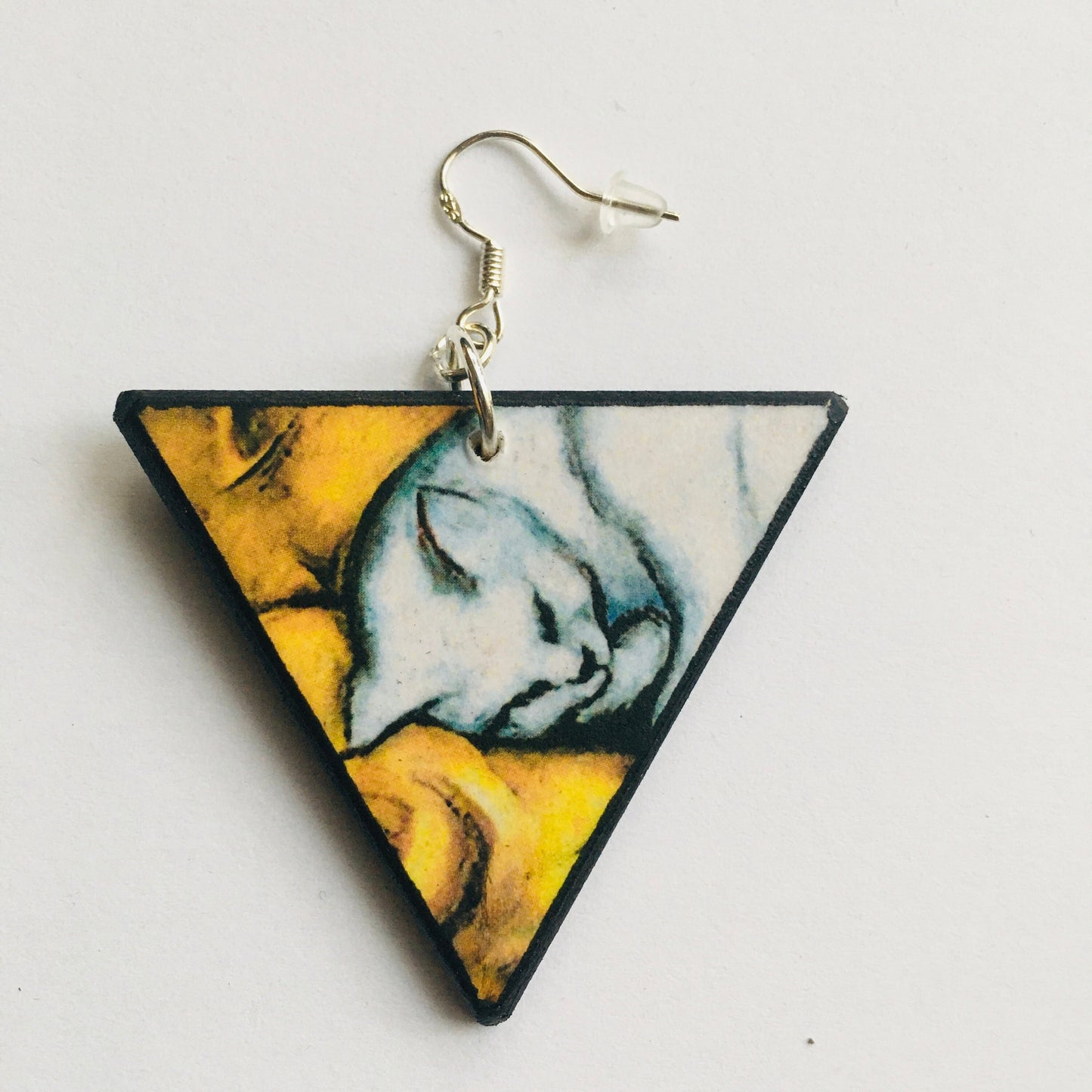 Triangle earrings, wood and sterling earrings. Cat earrings gift for her.