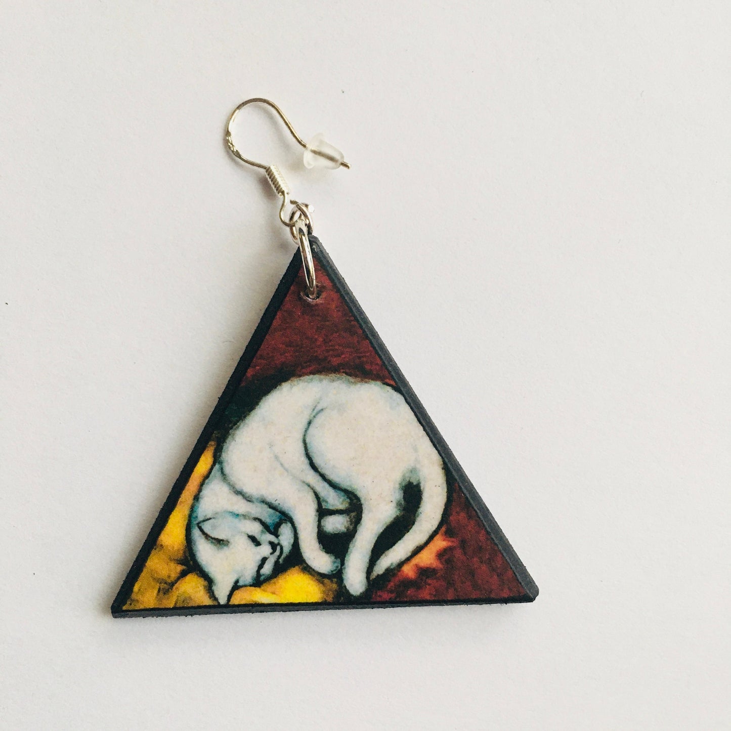 Triangle earrings, wood and sterling earrings. Cat earrings gift for her.