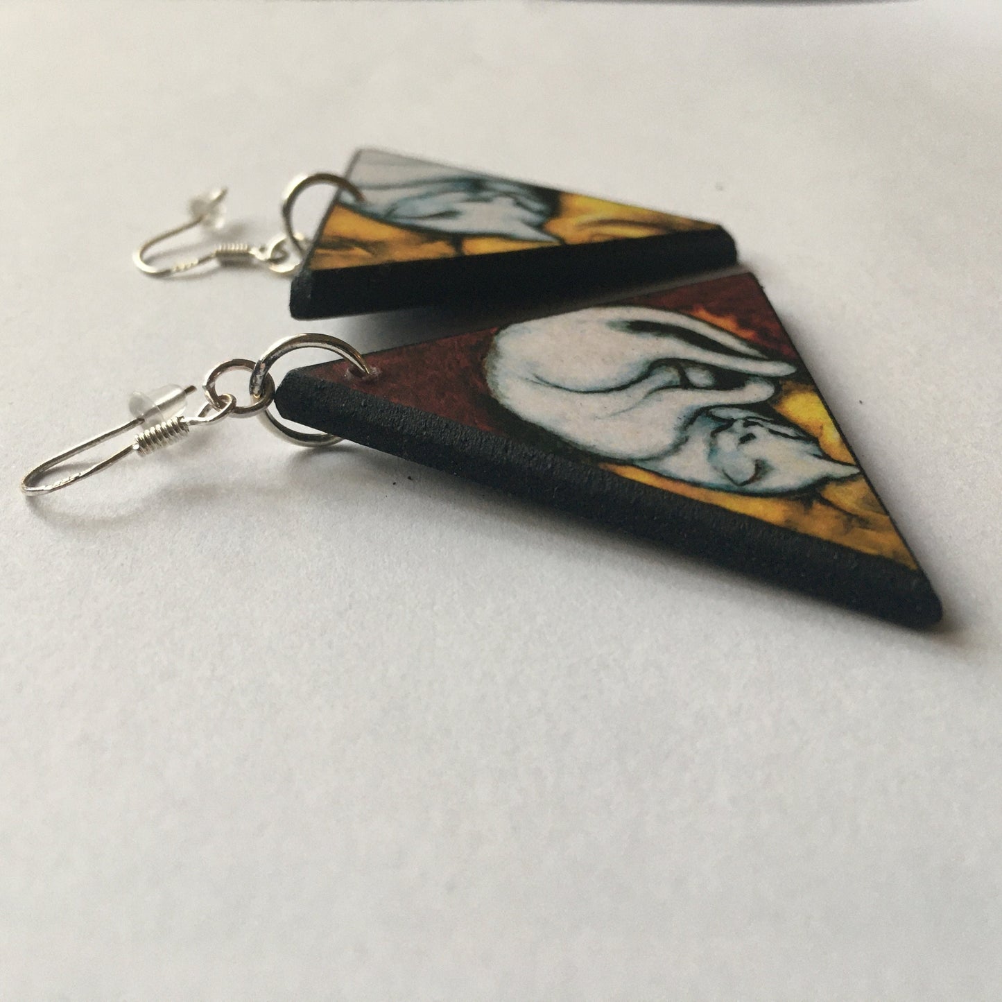 Triangle earrings, wood and sterling earrings. Cat earrings gift for her.