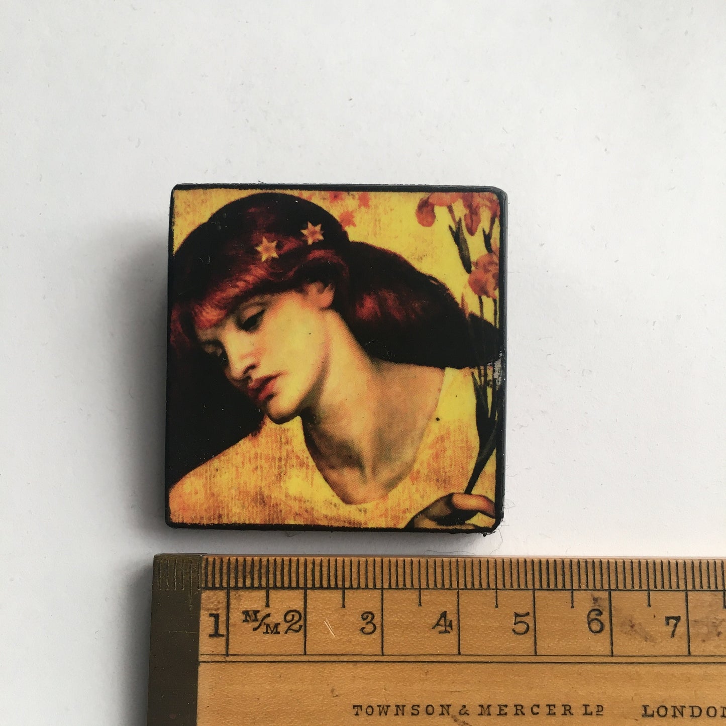 Wooden art brooch, portrait oil painting Sancta Lilias by Dante Gabriel Rossetti.