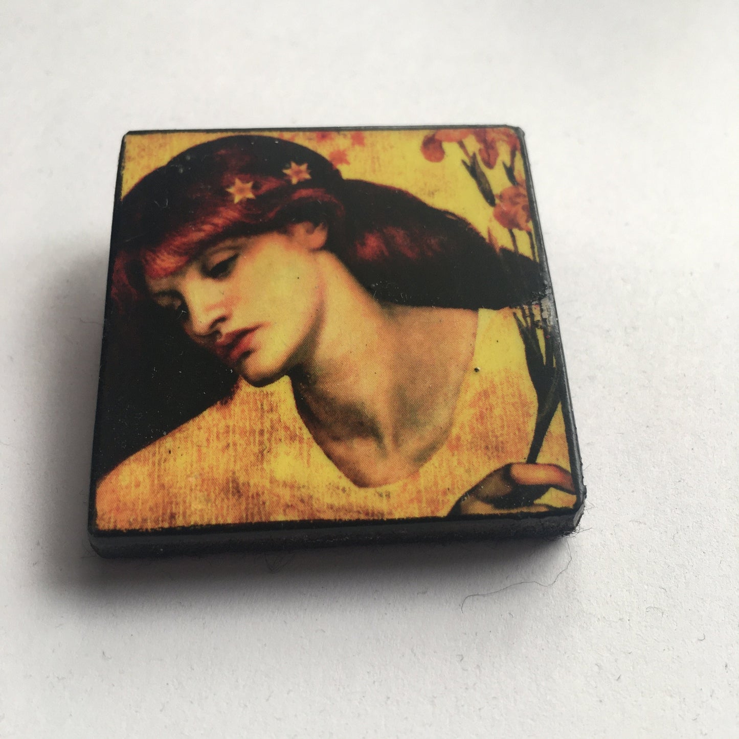 Wooden art brooch, portrait oil painting Sancta Lilias by Dante Gabriel Rossetti.